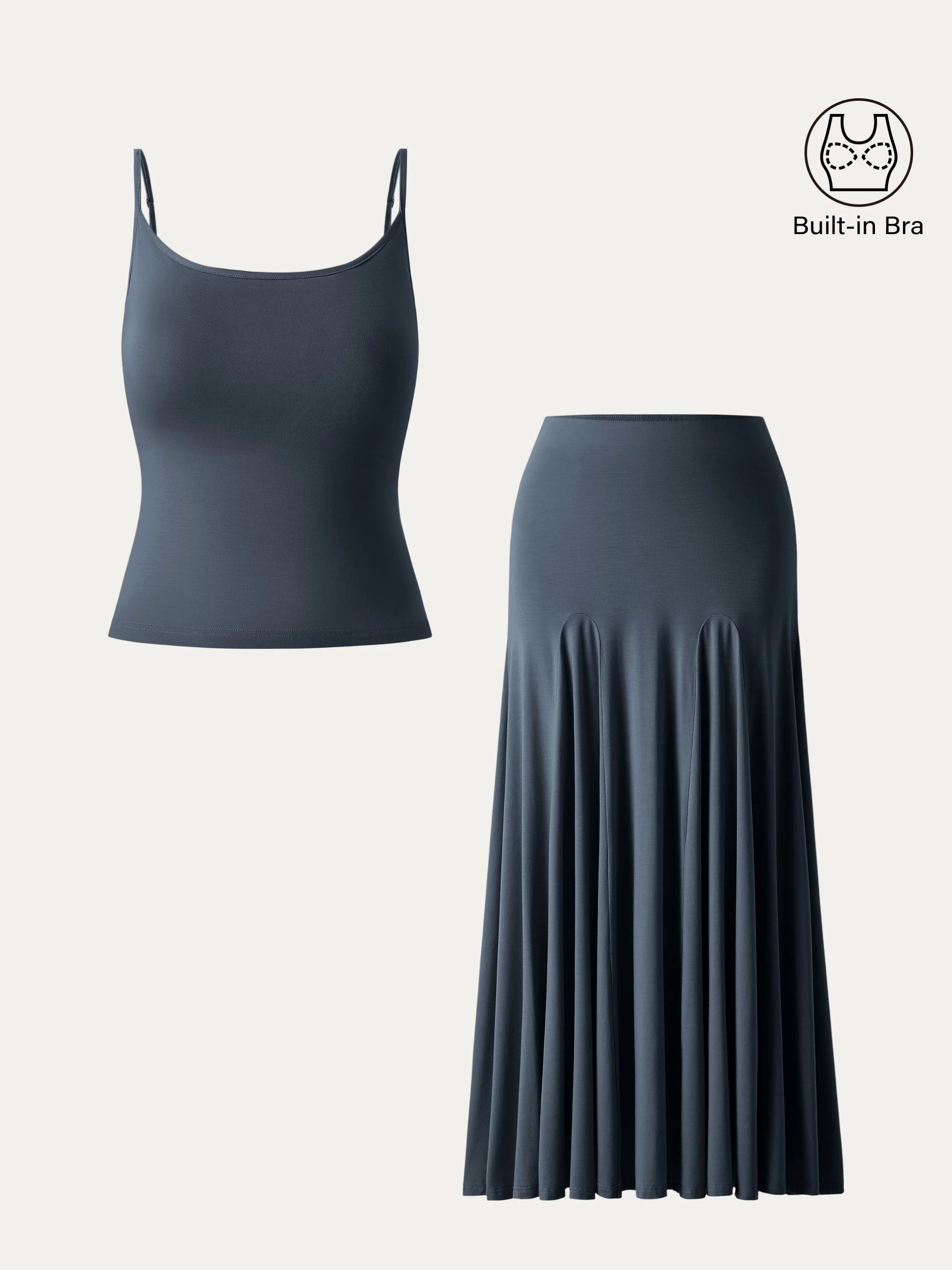 2Pcs Set U-neck Adjustable Straps Brami & Flowy Midi Pull-on Skirt 2Pcs Set U-neck Adjustable Straps Brami & Flowy Midi Pull-on Skirt