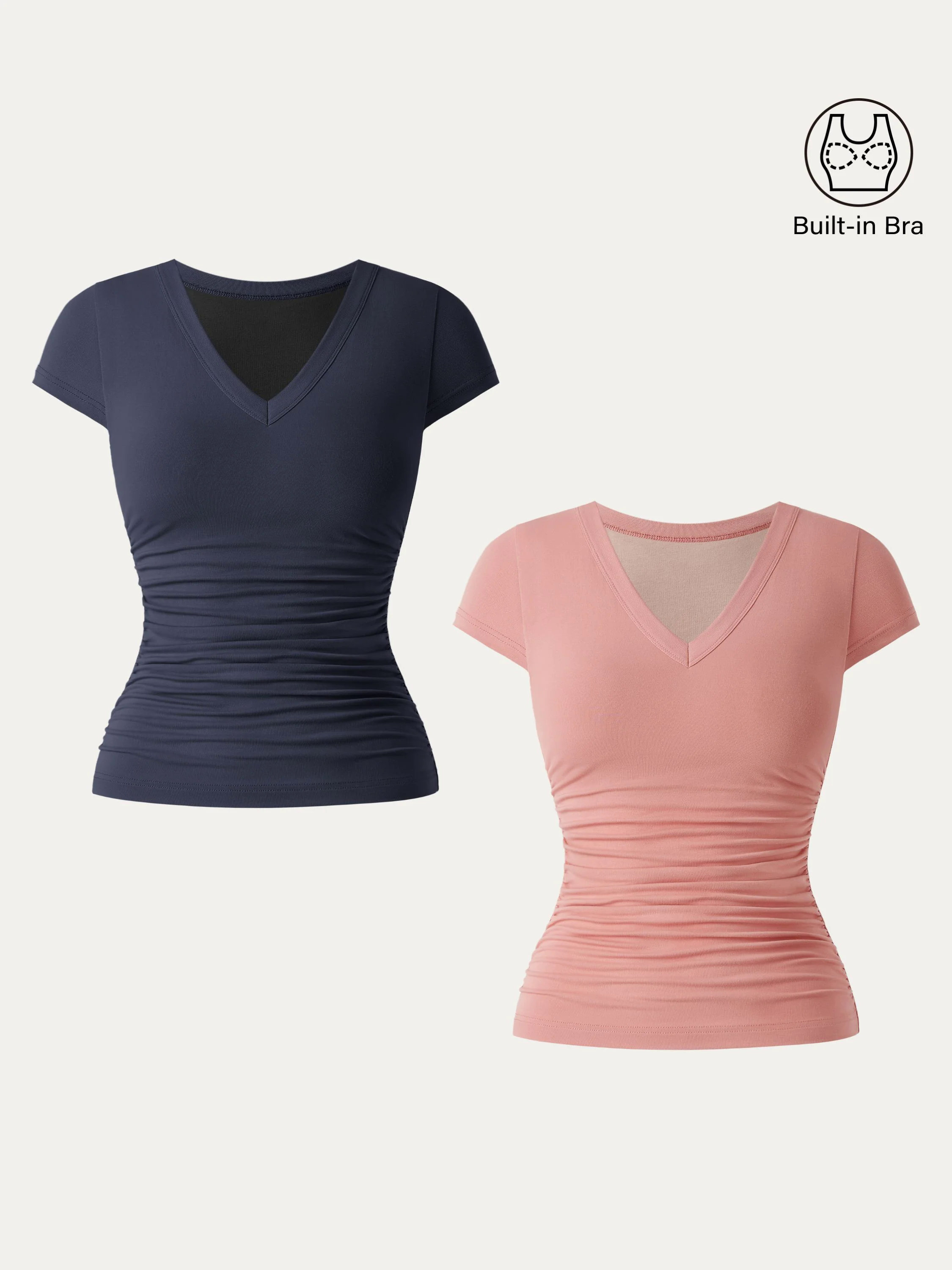 2Pcs Set Elevated V-neck Side Ruched Cap Sleeve Brami Tee 2Pcs Set Elevated V-neck Side Ruched Cap Sleeve Brami Tee