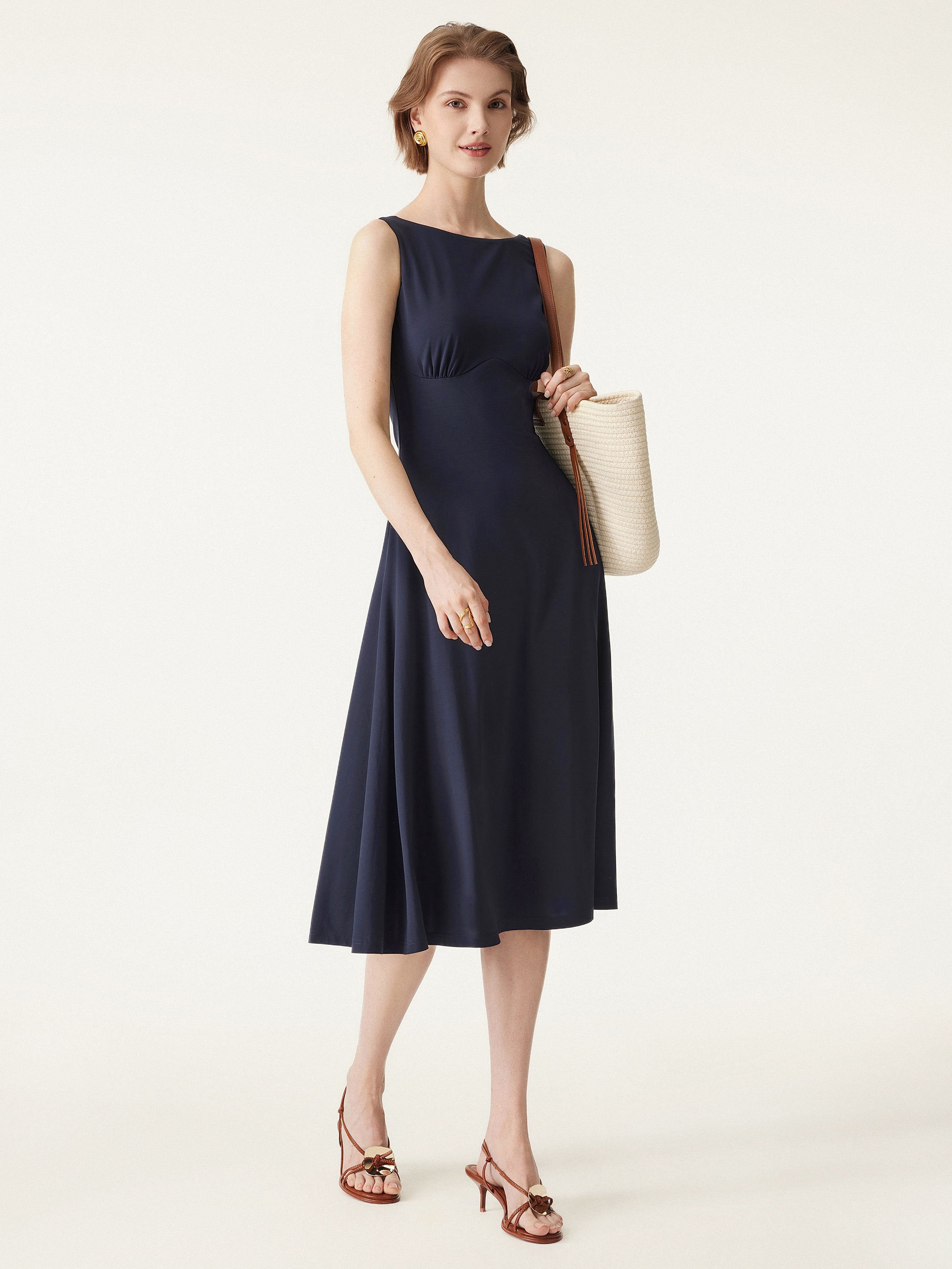 Boatneck Flared Midi Brami Dress with Pockets Boatneck Flared Midi Brami Dress with Pockets