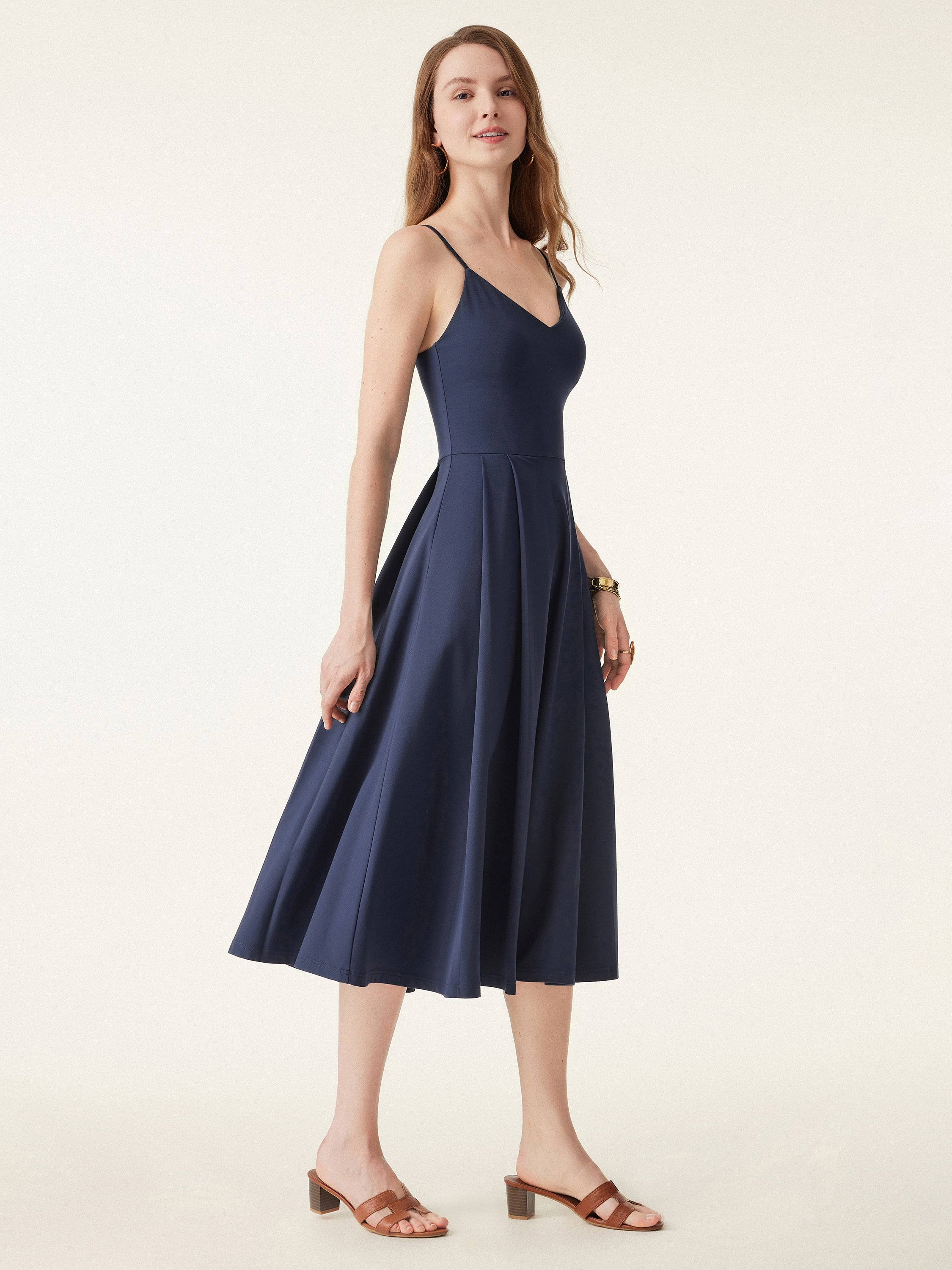 Bamboo Ponte V-neck Fit-and-flare Midi Brami Sundress with Pockets Bamboo Ponte V-neck Fit-and-flare Midi Brami Sundress with Pockets