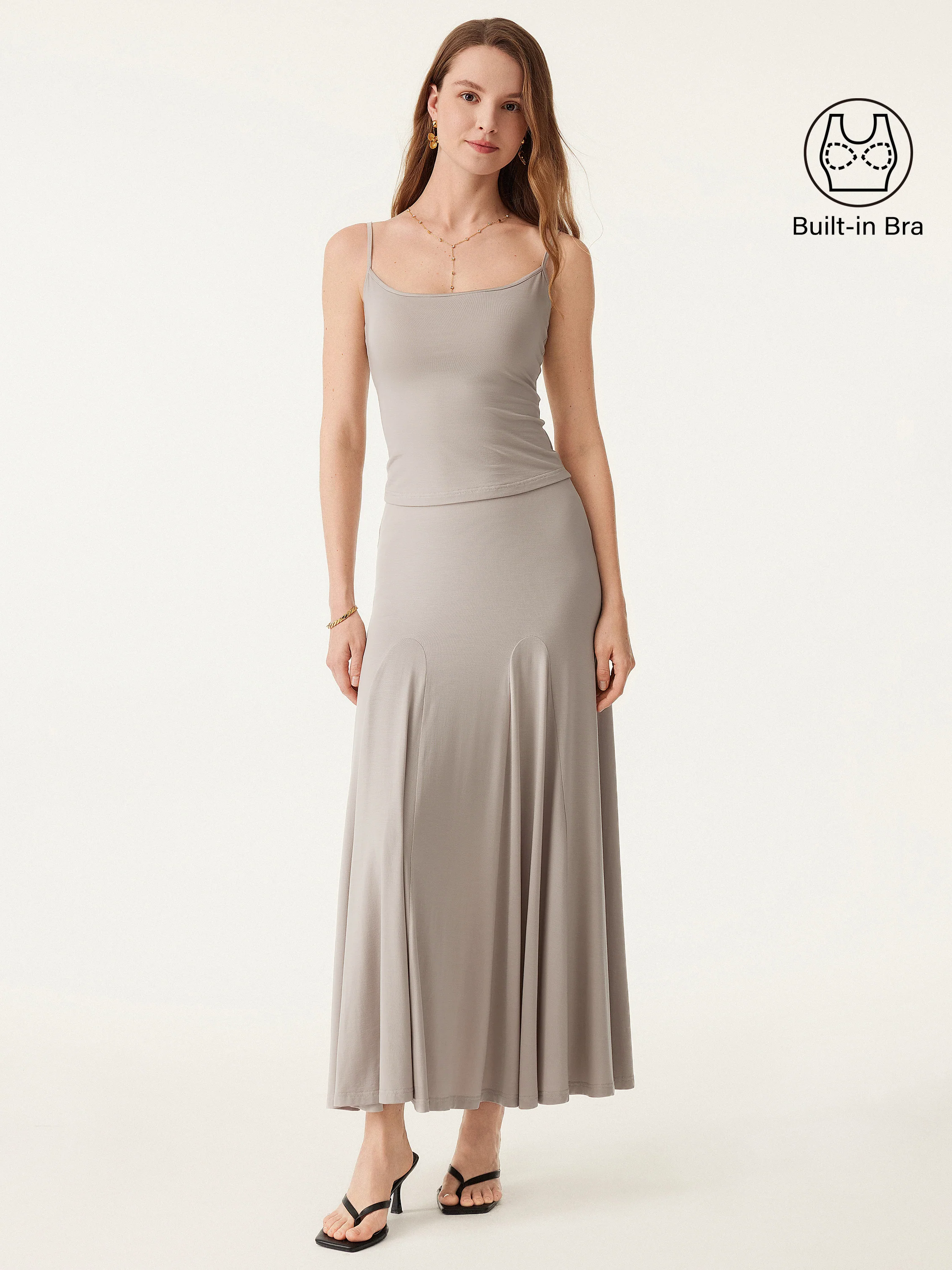 2Pcs Set U-neck Adjustable Straps Brami & Flowy Midi Pull-on Skirt 2Pcs Set U-neck Adjustable Straps Brami & Flowy Midi Pull-on Skirt