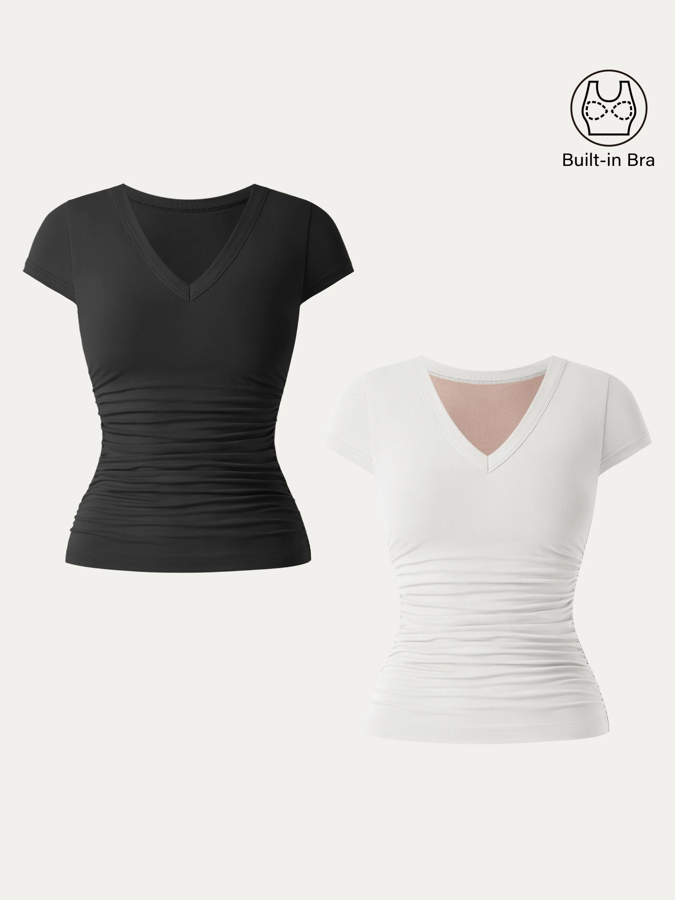 2Pcs Set Elevated V-neck Side Ruched Cap Sleeve Brami Tee 2Pcs Set Elevated V-neck Side Ruched Cap Sleeve Brami Tee