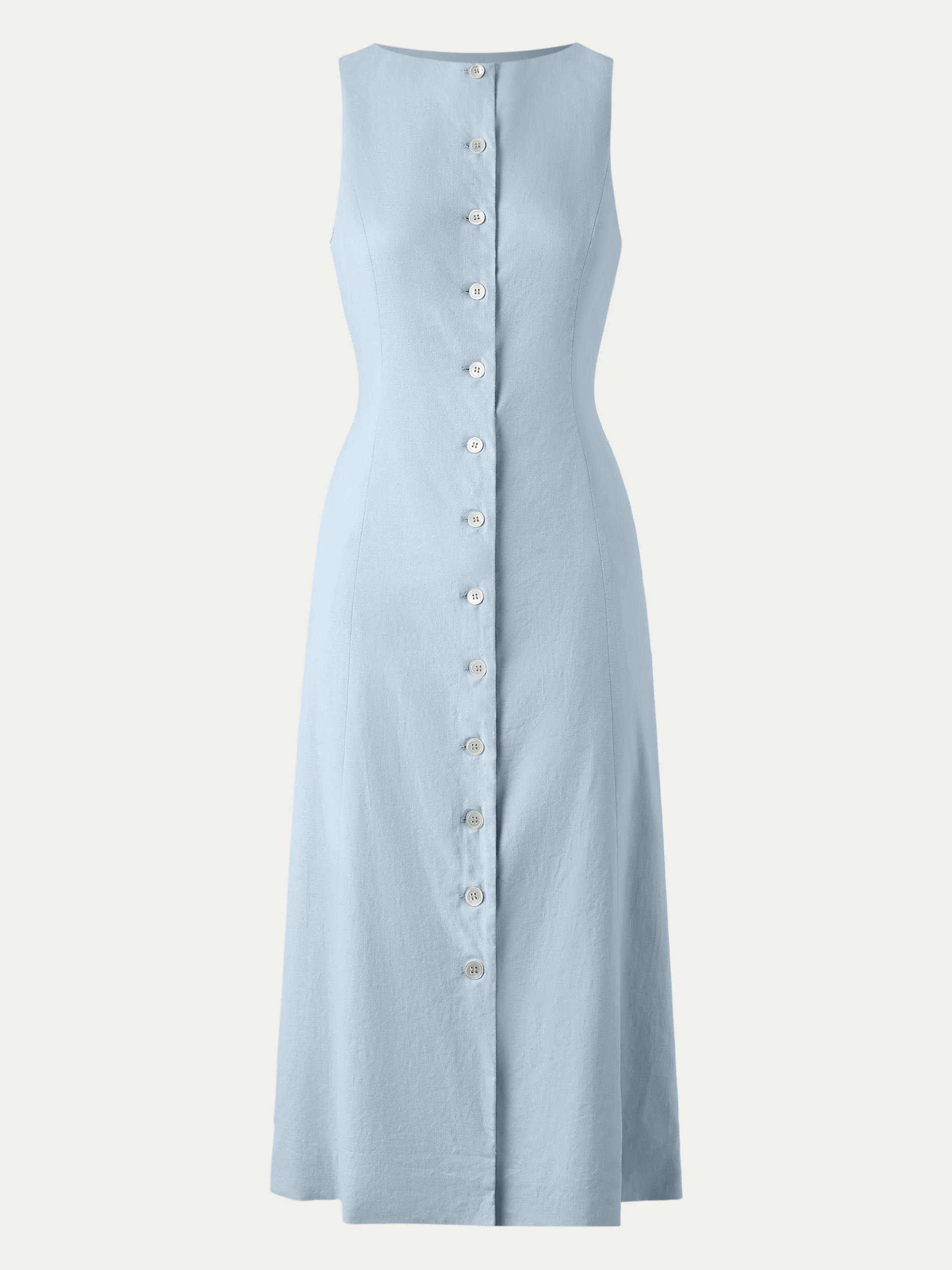 European Linen Waist-cinch Boatneck Button-up Midi Dress with Pockets European Linen Waist-cinch Boatneck Button-up Midi Dress with Pockets