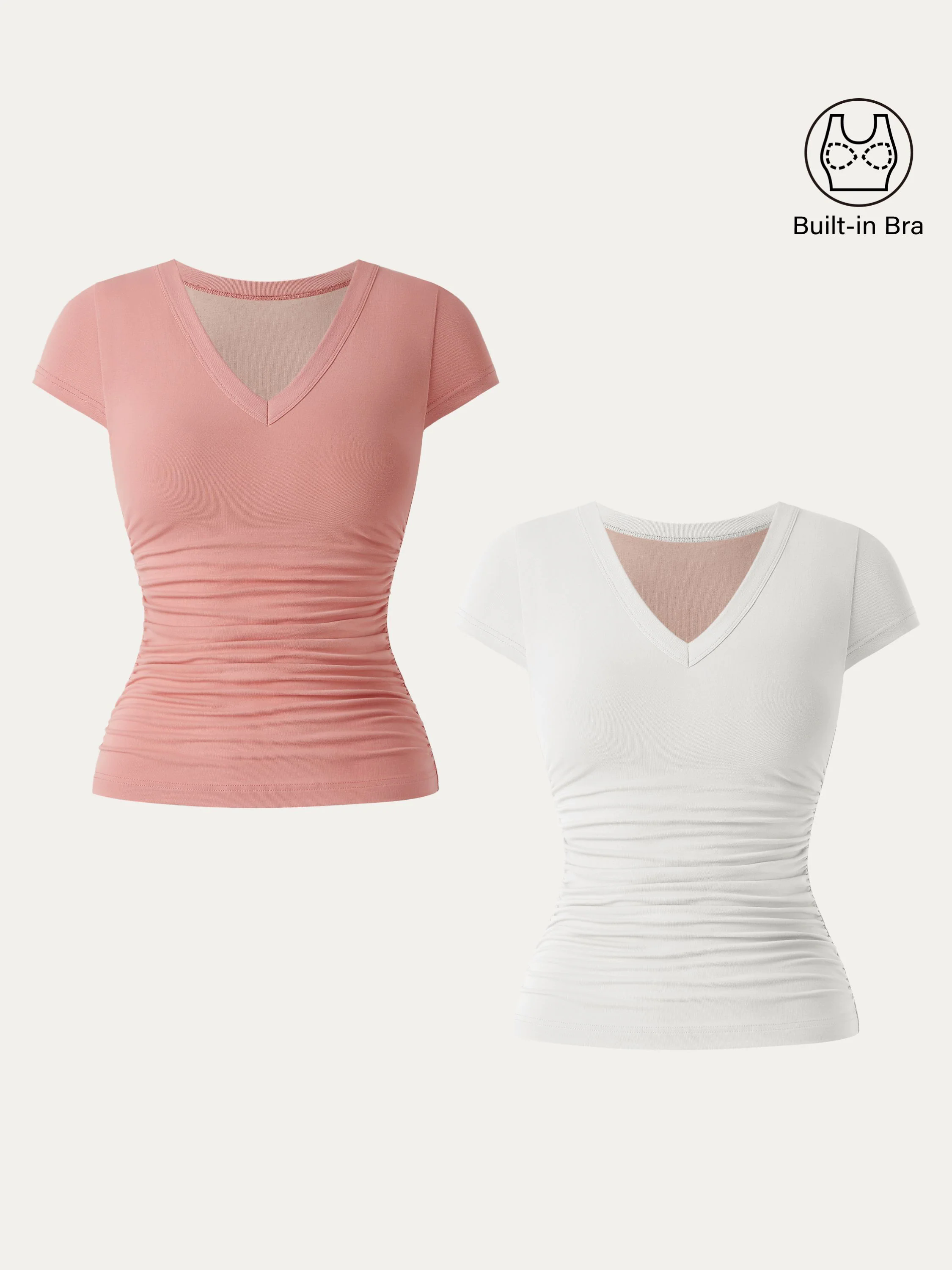 2Pcs Set Elevated V-neck Side Ruched Cap Sleeve Brami Tee 2Pcs Set Elevated V-neck Side Ruched Cap Sleeve Brami Tee