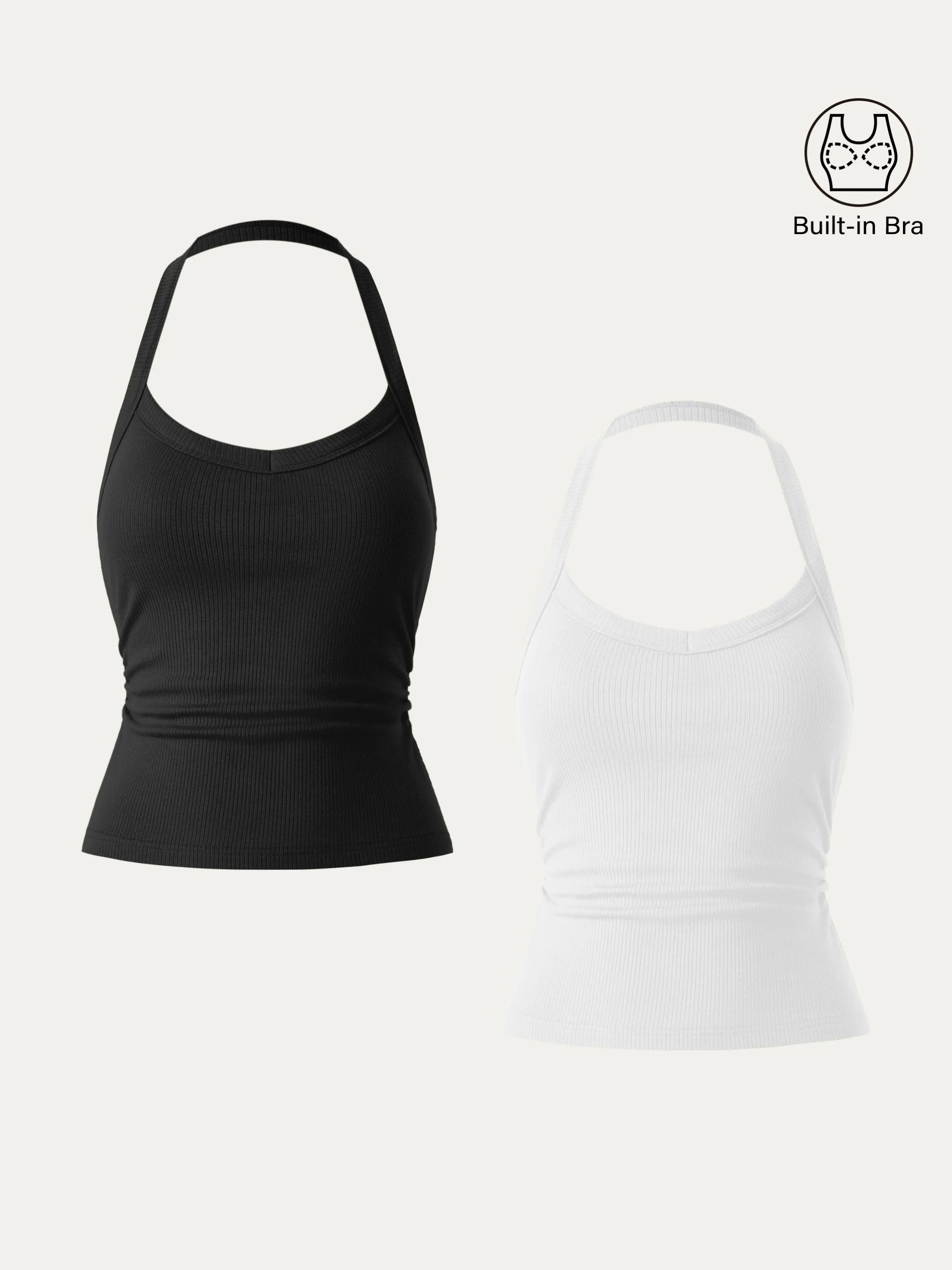 2Pcs Set Halter Neck Side Ruched Ribbed Brami Tank 2Pcs Set Halter Neck Side Ruched Ribbed Brami Tank