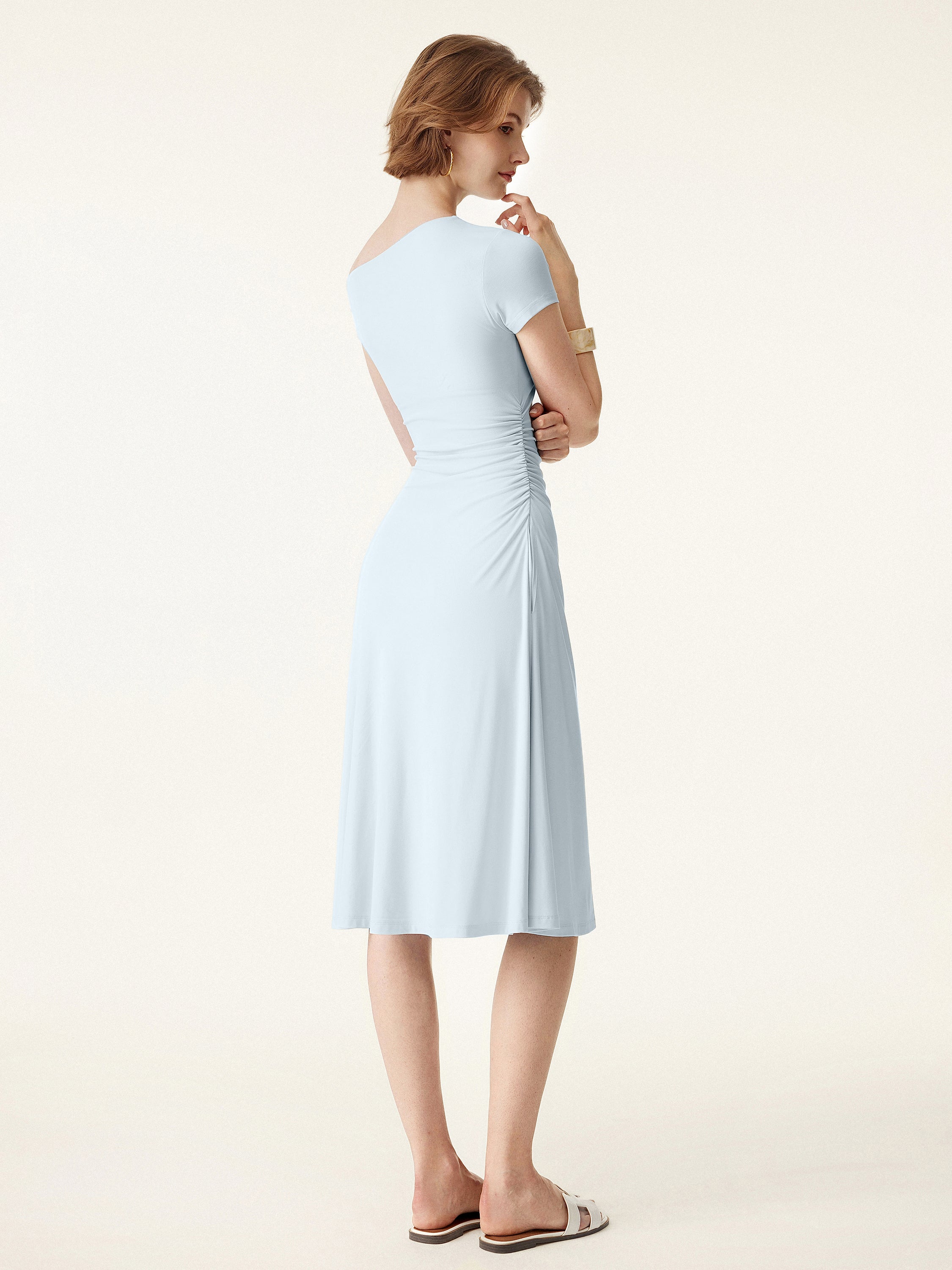Asymmetrical Shoulder Side Ruched Midi Brami Dress Asymmetrical Shoulder Side Ruched Midi Brami Dress