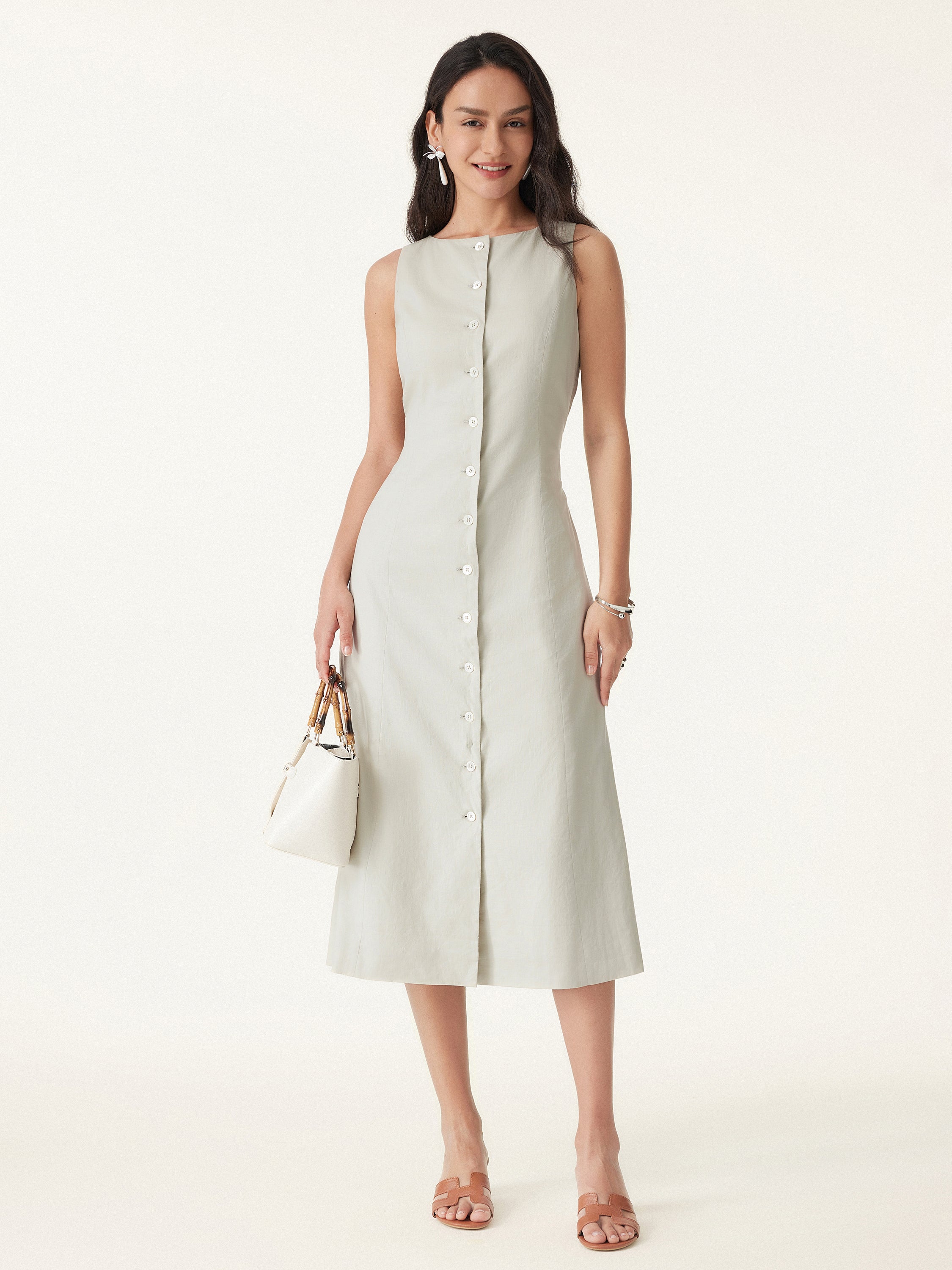 European Linen Waist-cinch Boatneck Button-up Midi Dress with Pockets European Linen Waist-cinch Boatneck Button-up Midi Dress with Pockets
