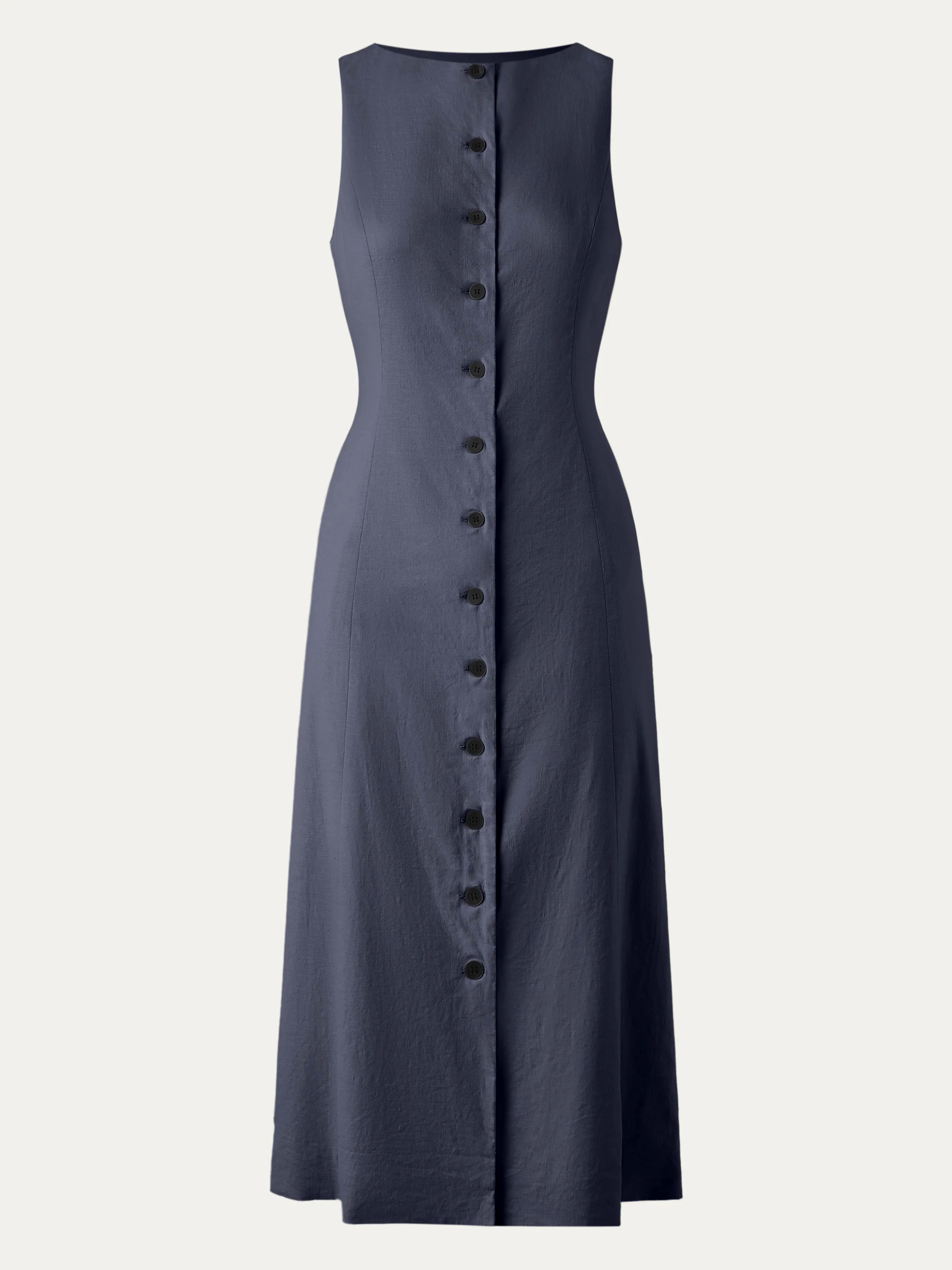 European Linen Waist-cinch Boatneck Button-up Midi Dress with Pockets European Linen Waist-cinch Boatneck Button-up Midi Dress with Pockets