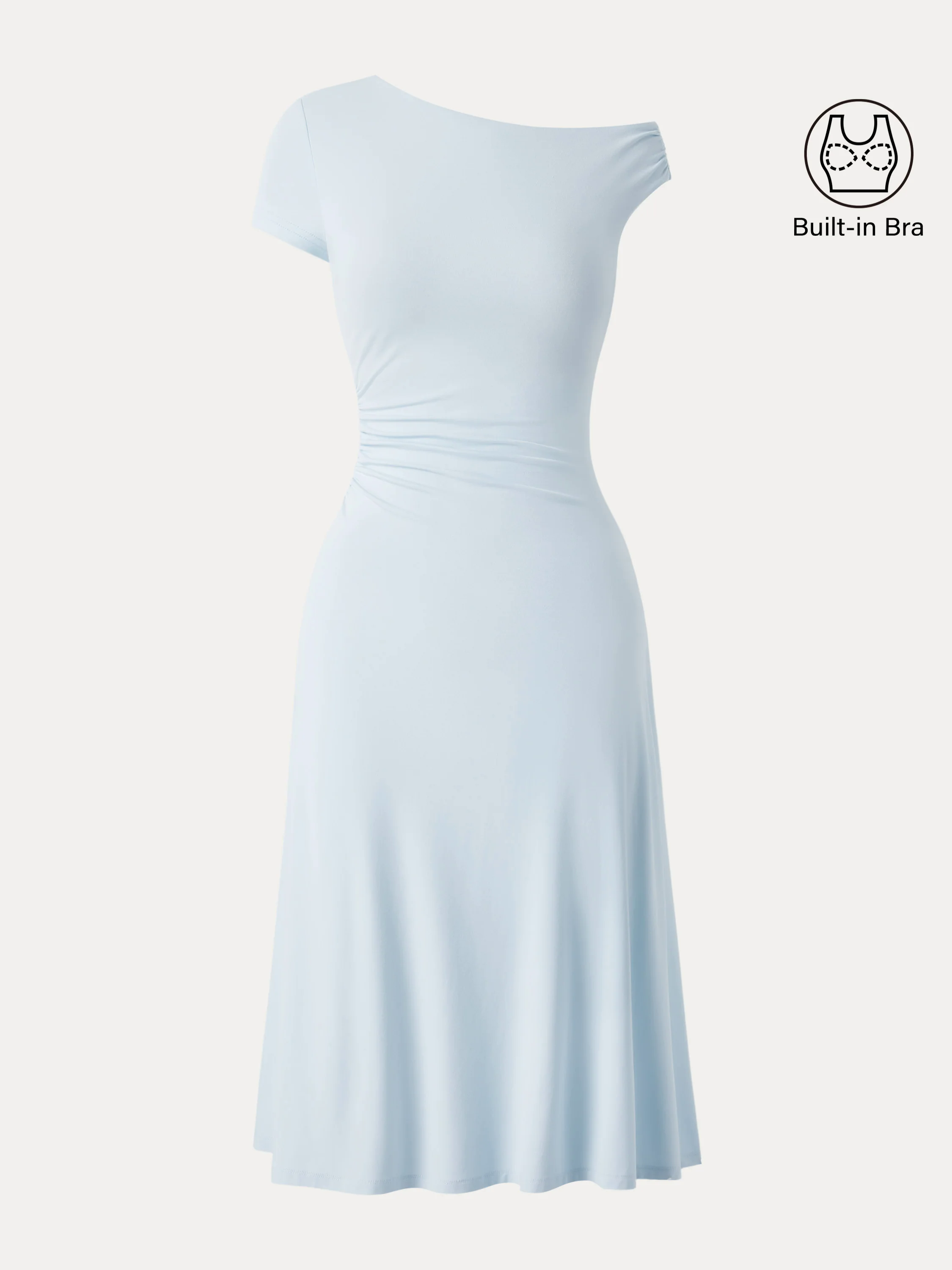 Asymmetrical Shoulder Side Ruched Midi Brami Dress Asymmetrical Shoulder Side Ruched Midi Brami Dress