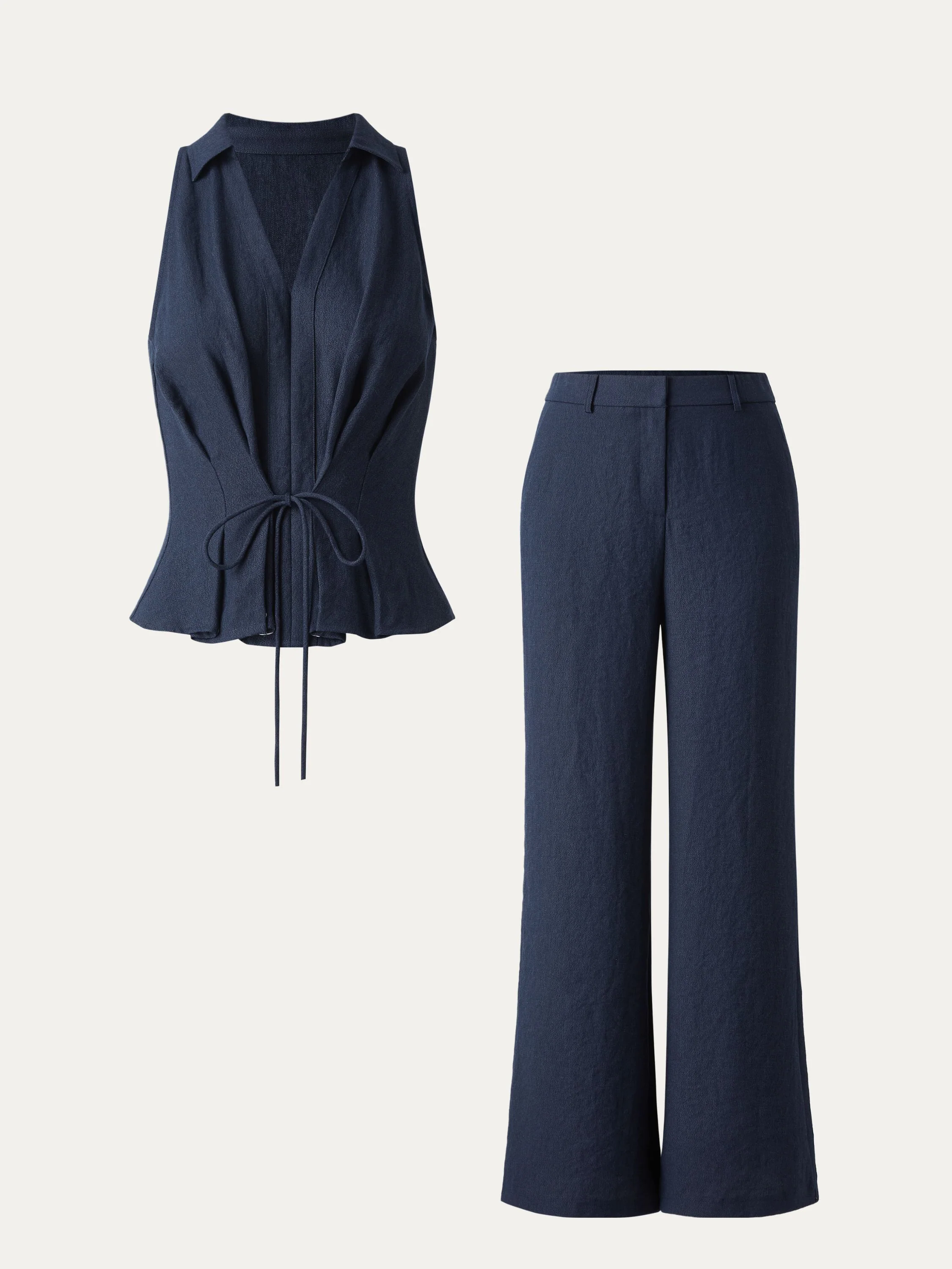 2Pcs Set Collared V-neck Sleeveless Top & Mid Rise Flared Pant with Pockets 2Pcs Set Collared V-neck Sleeveless Top & Mid Rise Flared Pant with Pockets