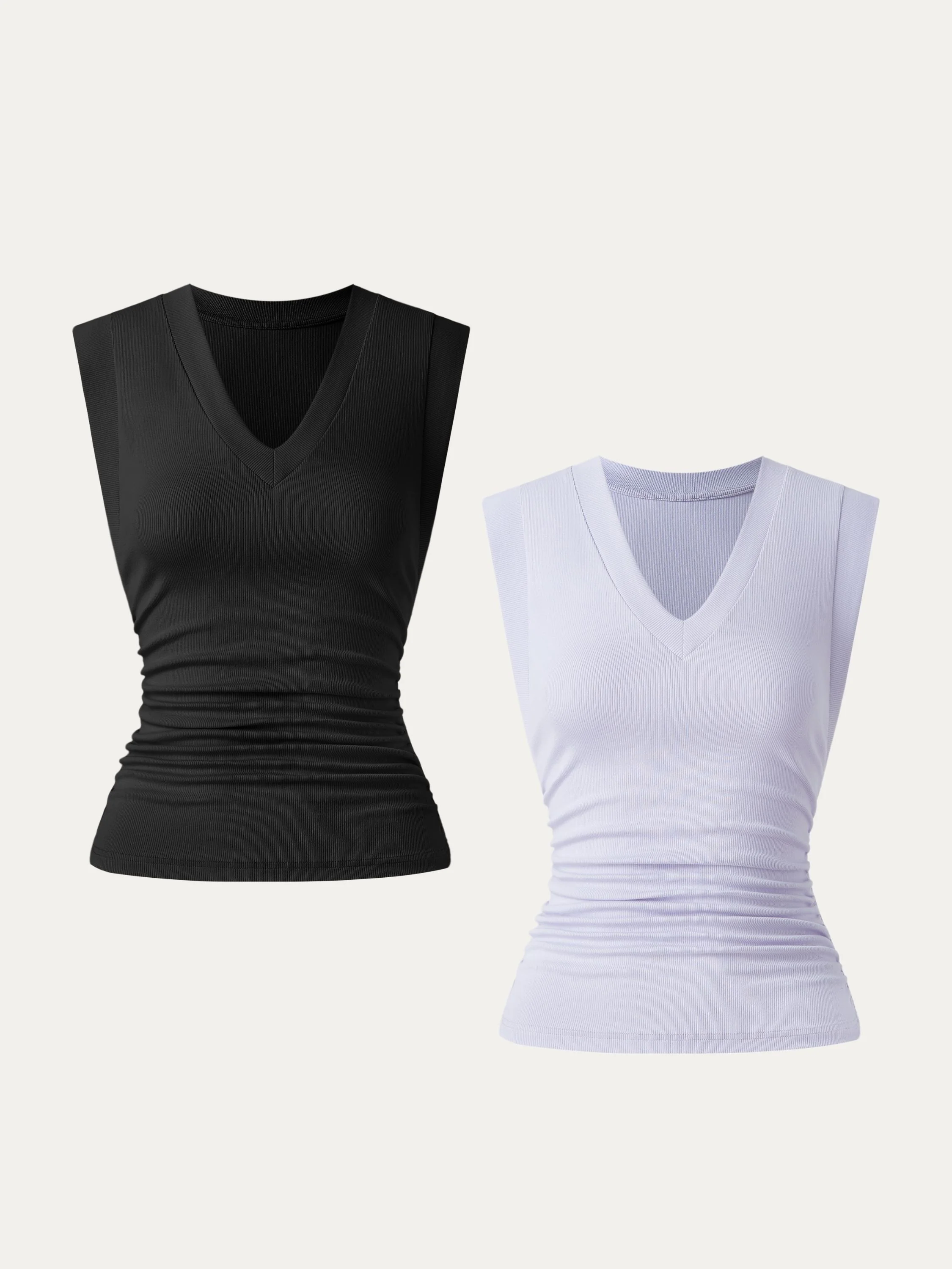 2Pcs Set Stretch Cotton V-neck Side Ruched Muscle Tee 2Pcs Set Stretch Cotton V-neck Side Ruched Muscle Tee
