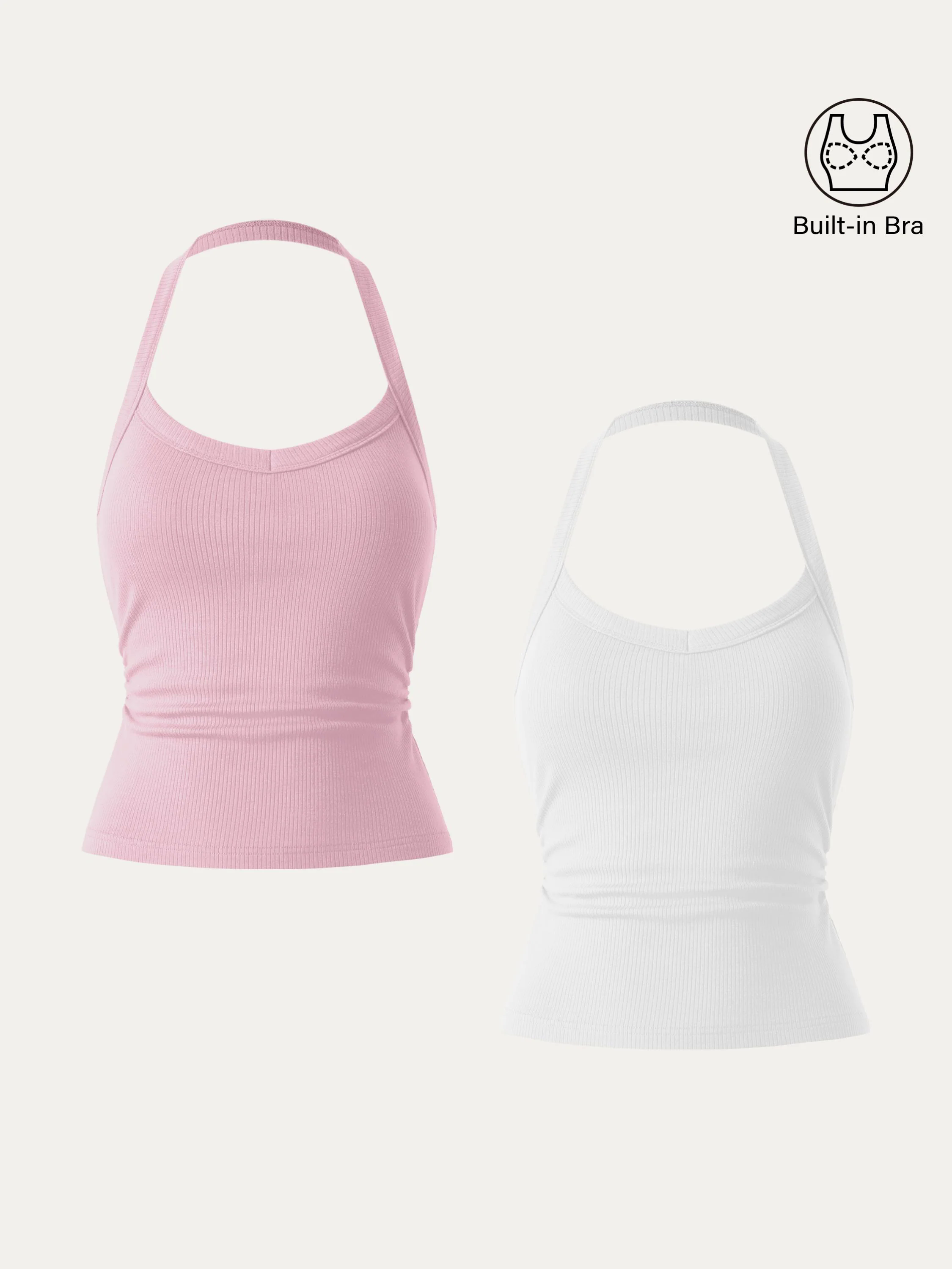 2Pcs Set Halter Neck Side Ruched Ribbed Brami Tank 2Pcs Set Halter Neck Side Ruched Ribbed Brami Tank