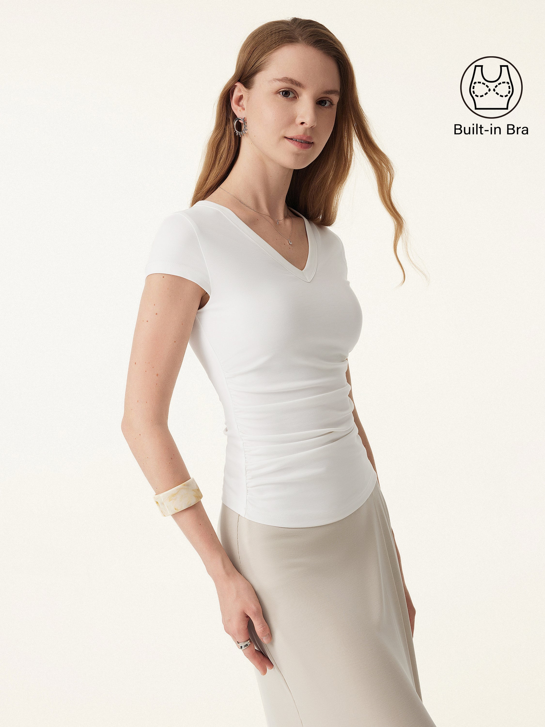 2Pcs Set Elevated V-neck Side Ruched Cap Sleeve Brami Tee 2Pcs Set Elevated V-neck Side Ruched Cap Sleeve Brami Tee