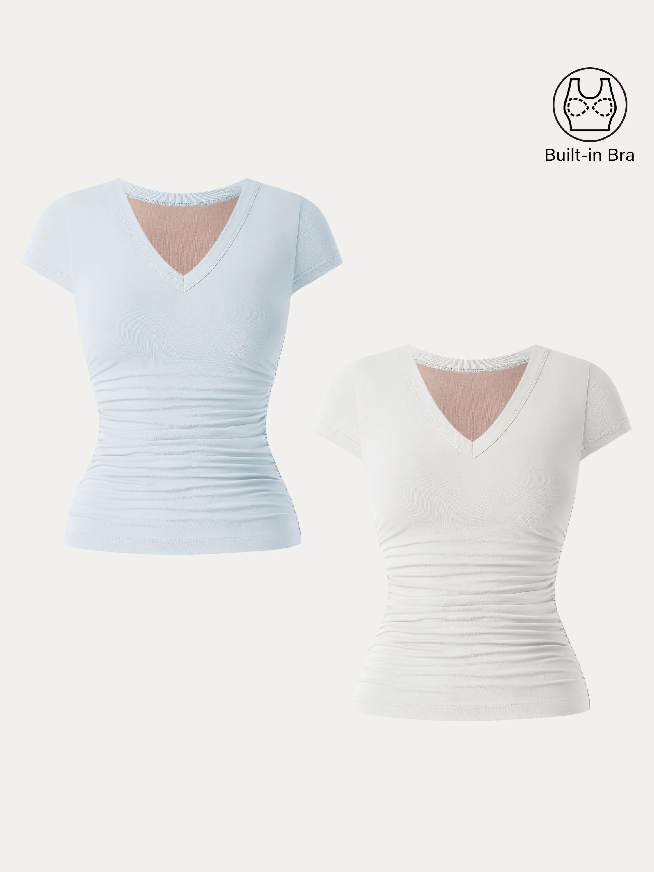 2Pcs Set Elevated V-neck Side Ruched Cap Sleeve Brami Tee 2Pcs Set Elevated V-neck Side Ruched Cap Sleeve Brami Tee