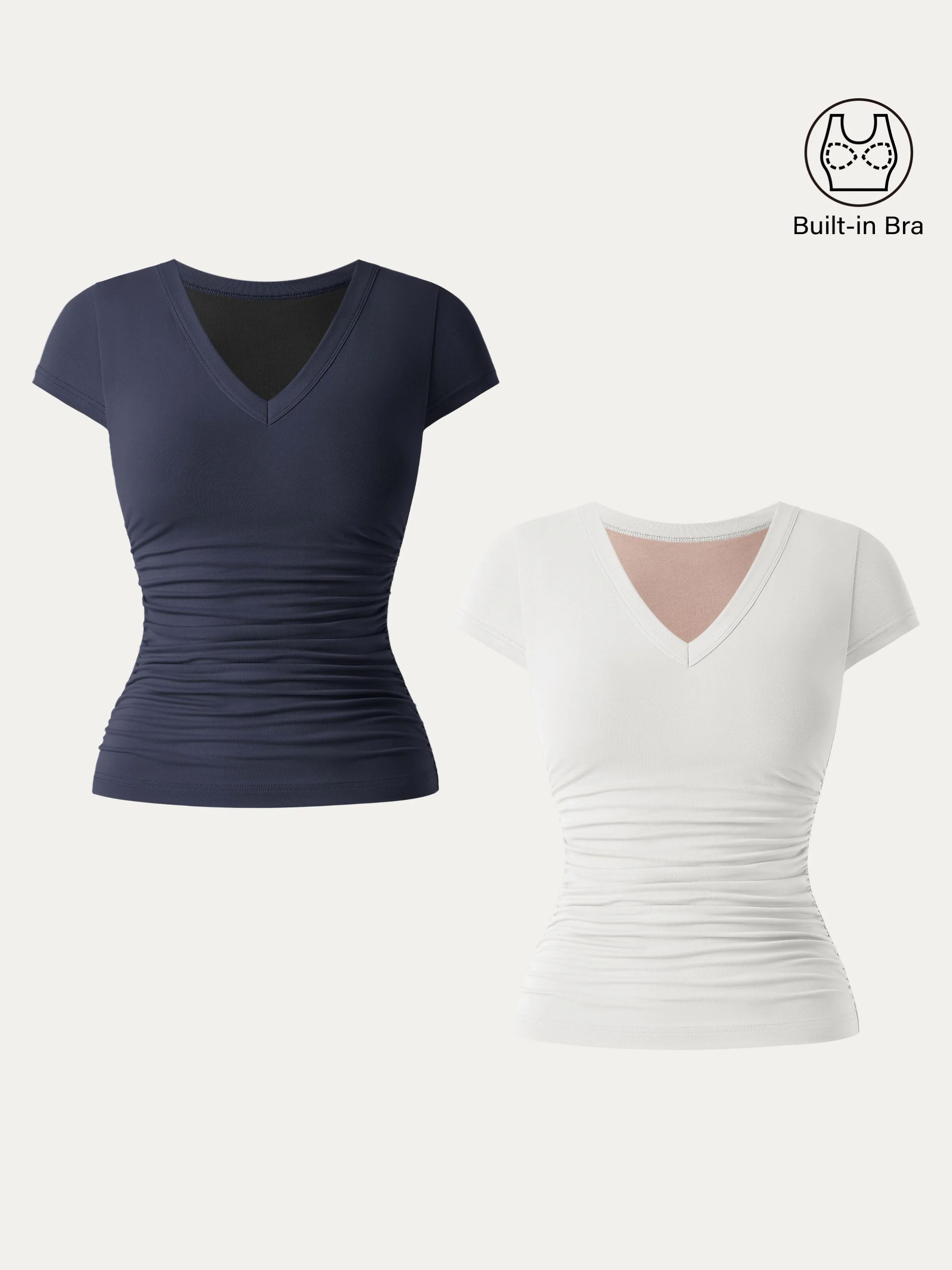 2Pcs Set Elevated V-neck Side Ruched Cap Sleeve Brami Tee 2Pcs Set Elevated V-neck Side Ruched Cap Sleeve Brami Tee