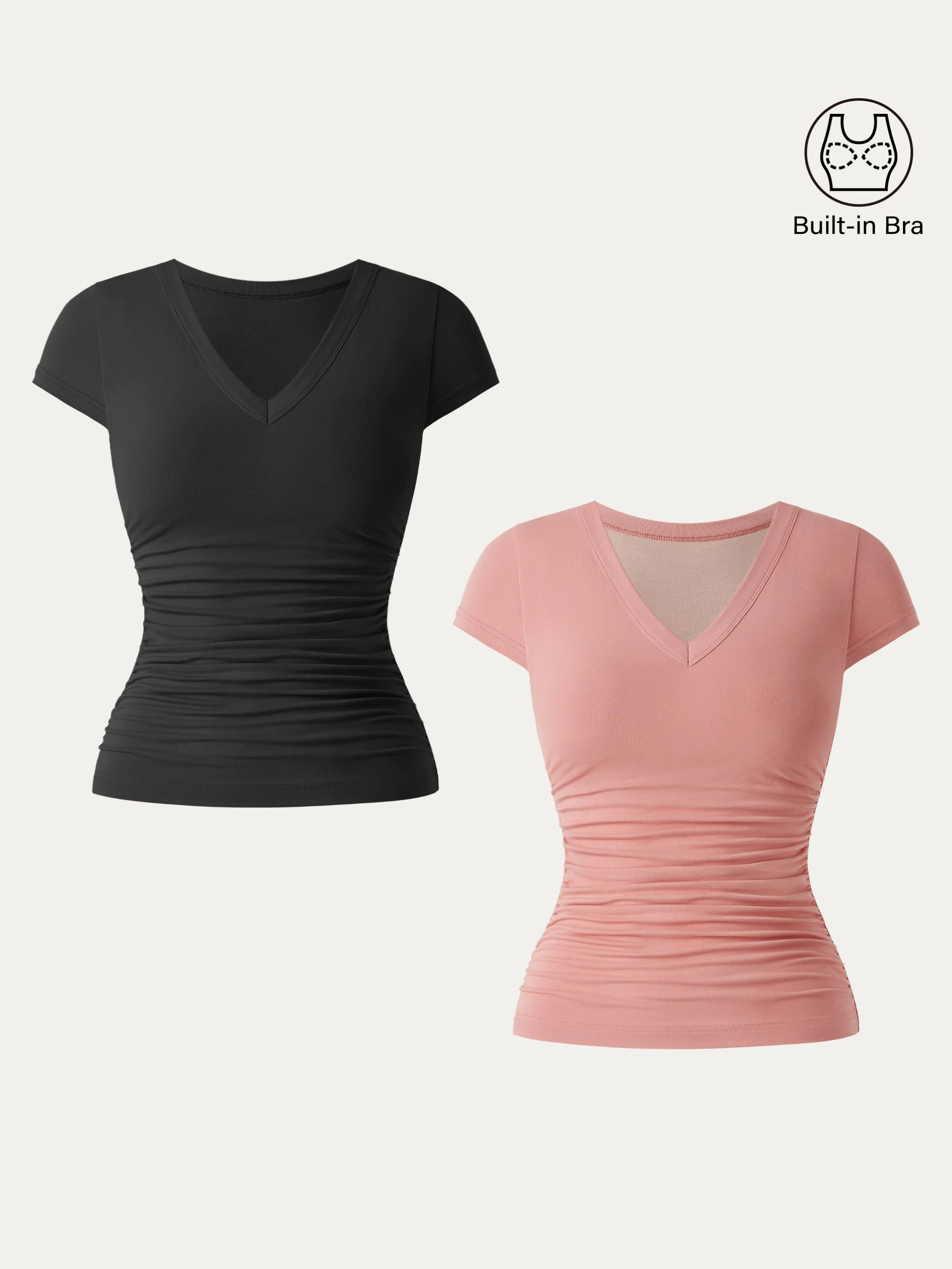 2Pcs Set Elevated V-neck Side Ruched Cap Sleeve Brami Tee 2Pcs Set Elevated V-neck Side Ruched Cap Sleeve Brami Tee