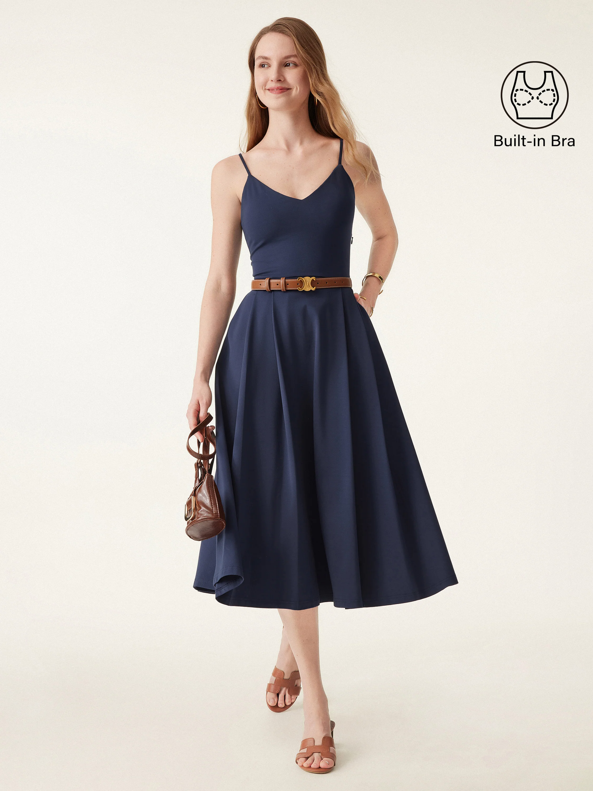 Bamboo Ponte V-neck Fit-and-flare Midi Brami Sundress with Pockets