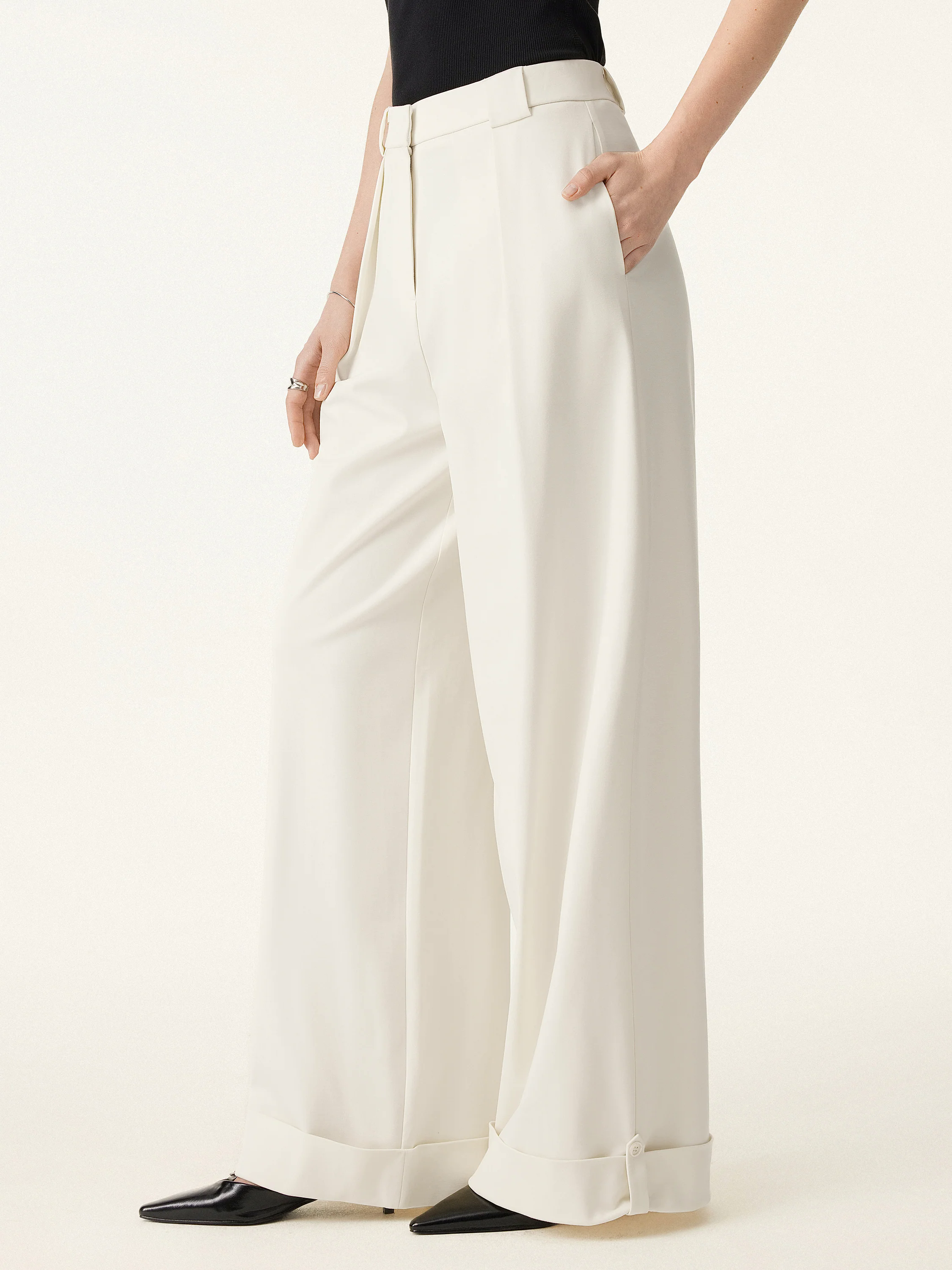 Bamboo Ponte Mid Rise Wide Leg Trouser with Fold-up Hem Bamboo Ponte Mid Rise Wide Leg Trouser with Fold-up Hem