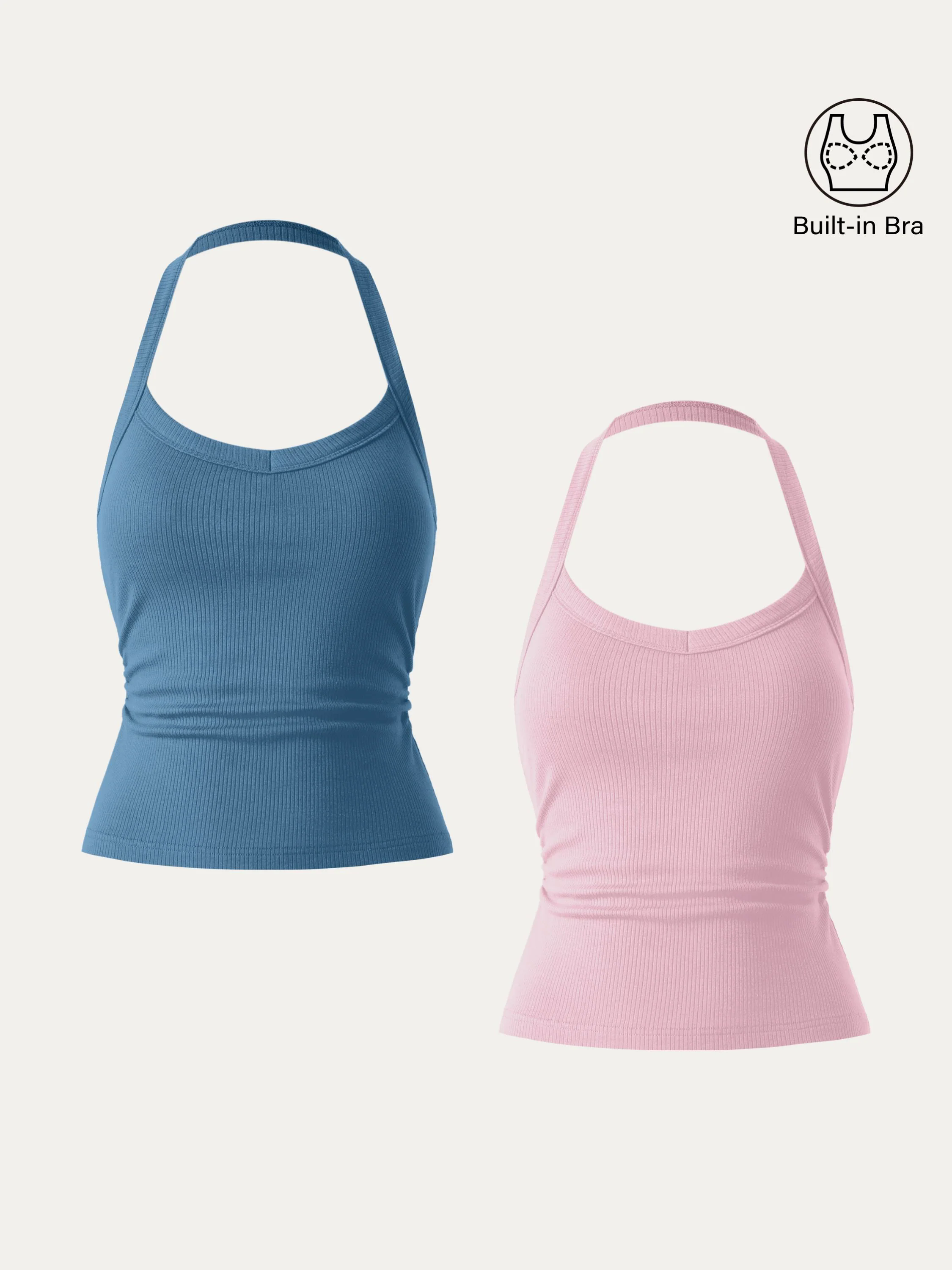 2Pcs Set Halter Neck Side Ruched Ribbed Brami Tank 2Pcs Set Halter Neck Side Ruched Ribbed Brami Tank