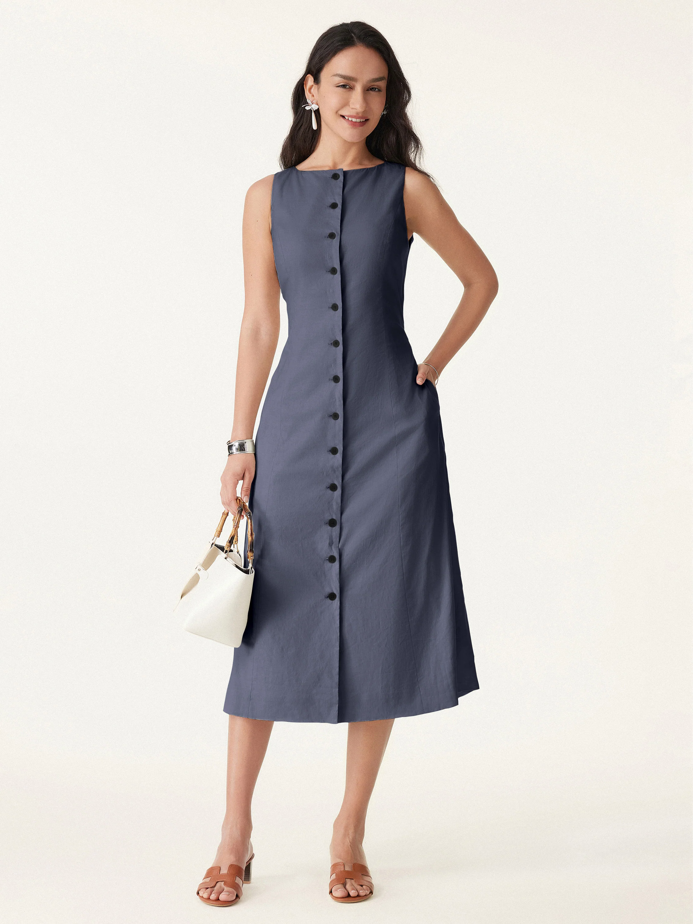 European Linen Waist-cinch Boatneck Button-up Midi Dress with Pockets European Linen Waist-cinch Boatneck Button-up Midi Dress with Pockets
