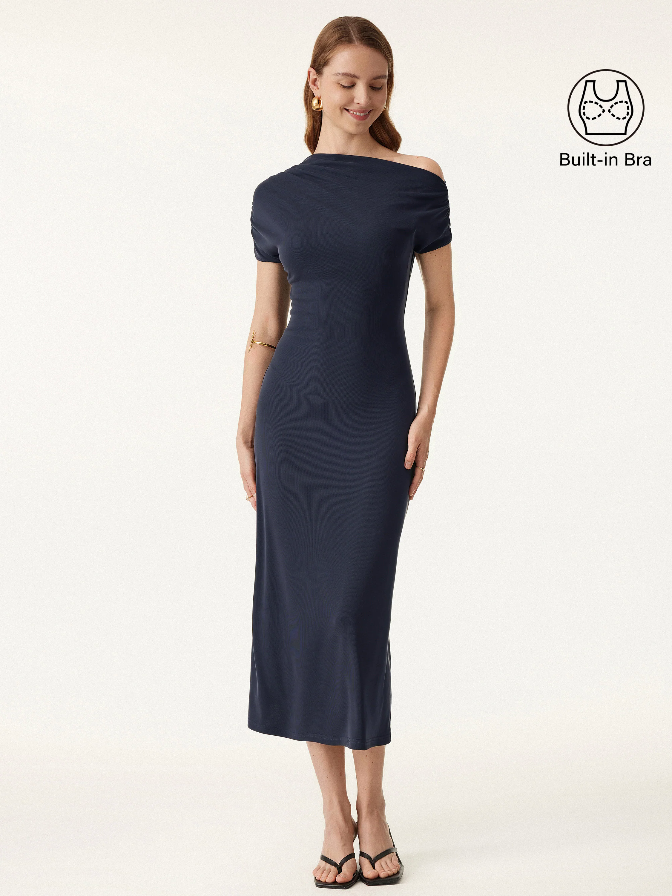 Sandwashed Asymmetrical Neck Short Sleeve Midi Brami Dress