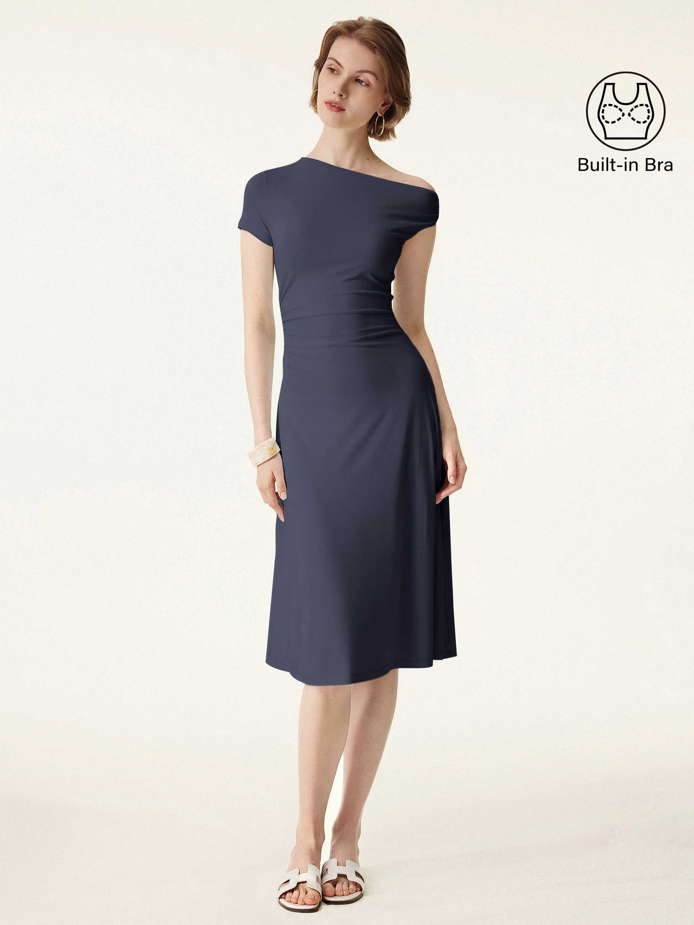 Asymmetrical Shoulder Side Ruched Midi Brami Dress Asymmetrical Shoulder Side Ruched Midi Brami Dress