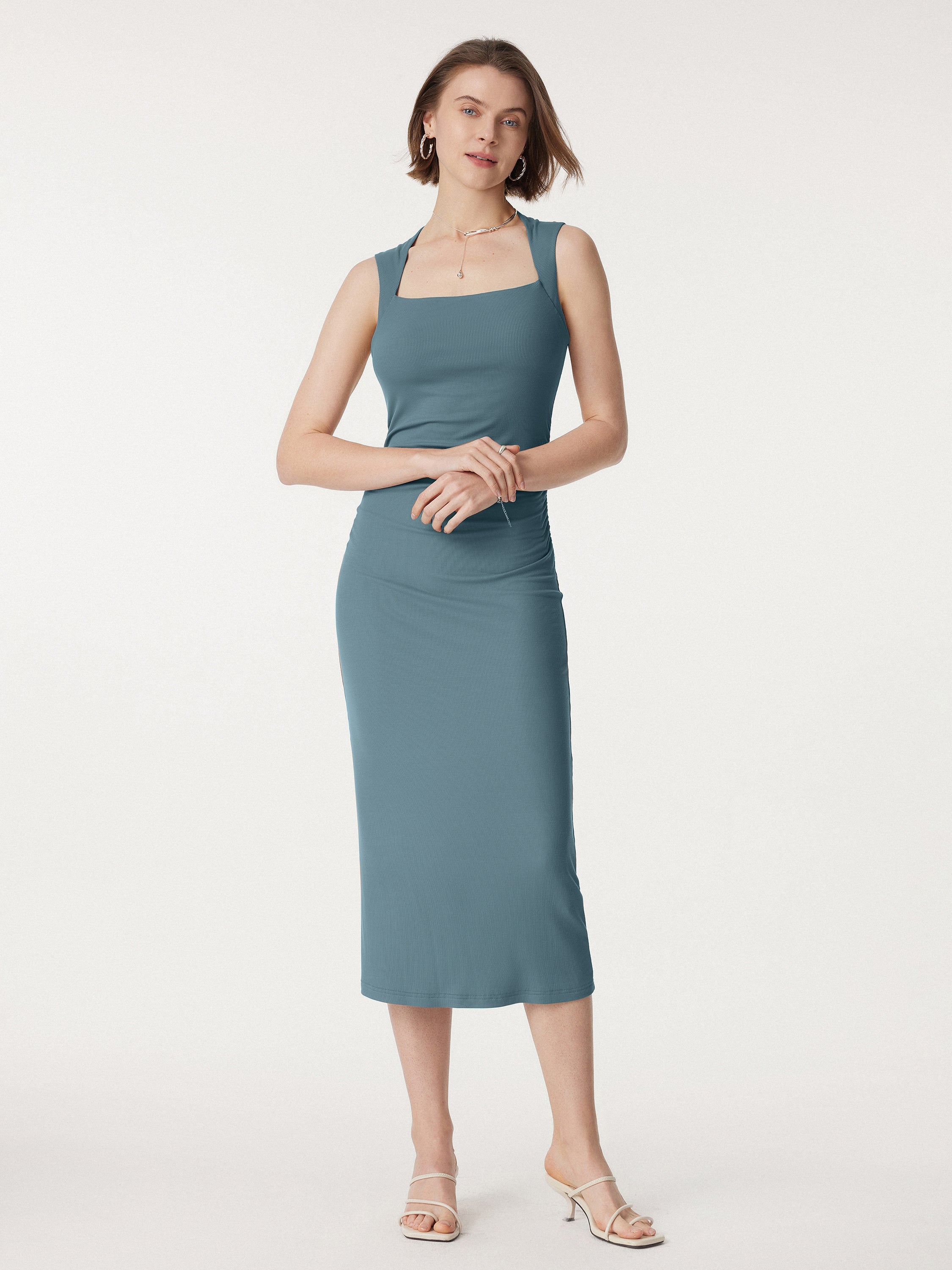 Square Neck Side Ruched Sleeveless Brami Midi Dress Square Neck Side Ruched Sleeveless Brami Midi Dress