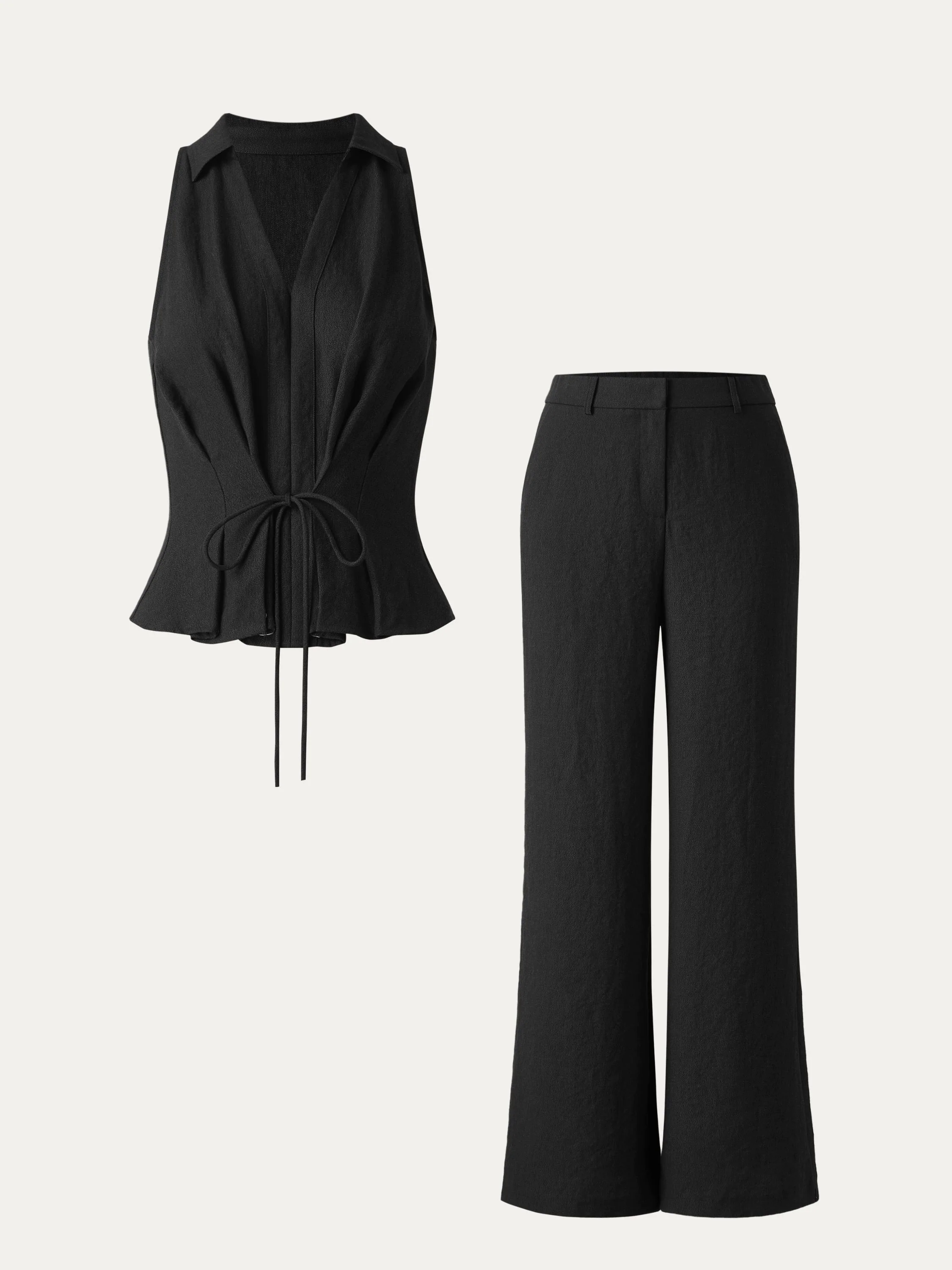 2Pcs Set Collared V-neck Sleeveless Top & Mid Rise Flared Pant with Pockets 2Pcs Set Collared V-neck Sleeveless Top & Mid Rise Flared Pant with Pockets