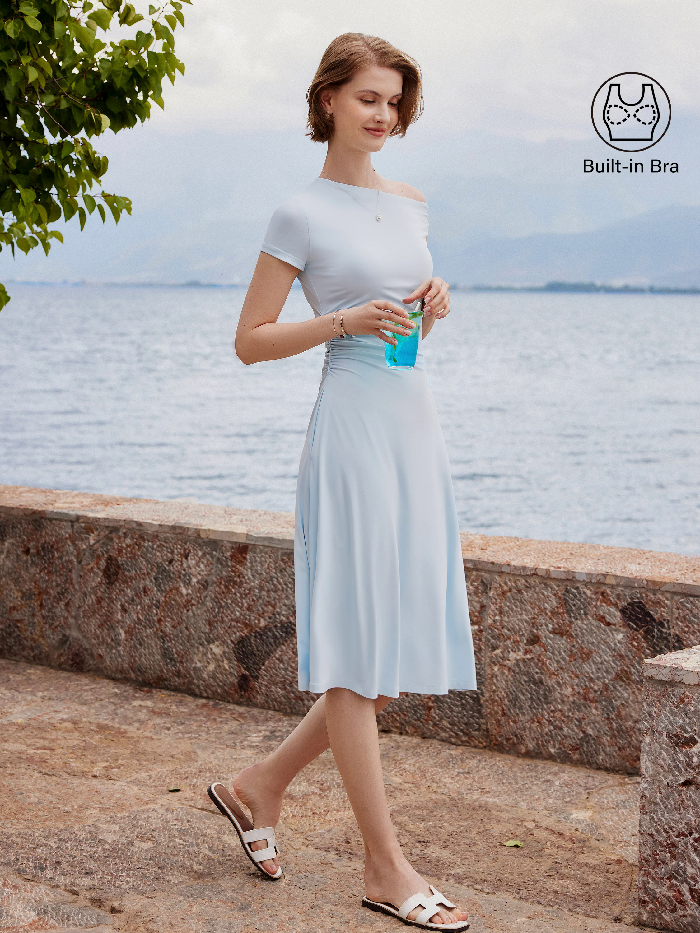 Asymmetrical Shoulder Side Ruched Midi Brami Dress