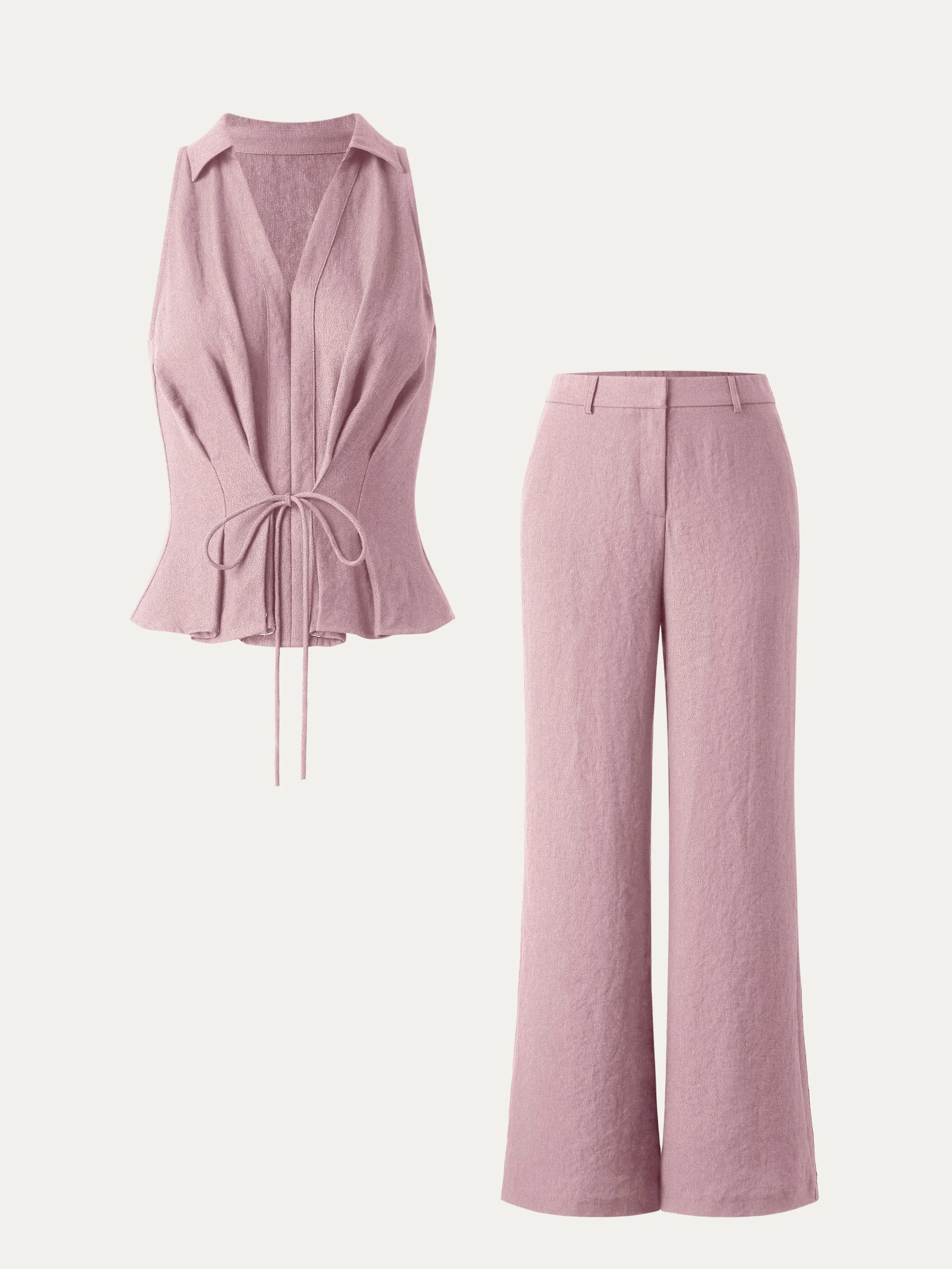 2Pcs Set Collared V-neck Sleeveless Top & Mid Rise Flared Pant with Pockets 2Pcs Set Collared V-neck Sleeveless Top & Mid Rise Flared Pant with Pockets