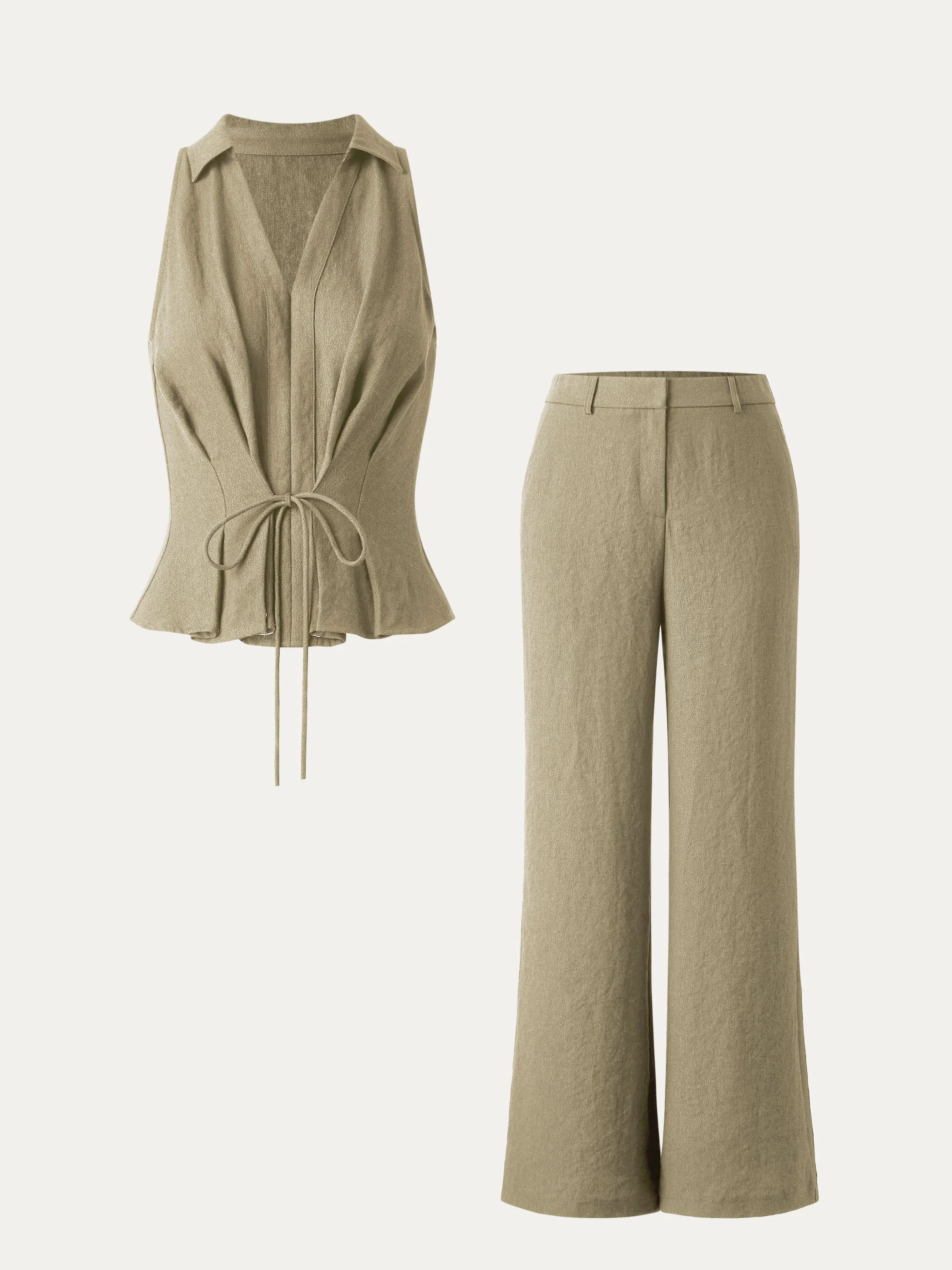 2Pcs Set Collared V-neck Sleeveless Top & Mid Rise Flared Pant with Pockets 2Pcs Set Collared V-neck Sleeveless Top & Mid Rise Flared Pant with Pockets