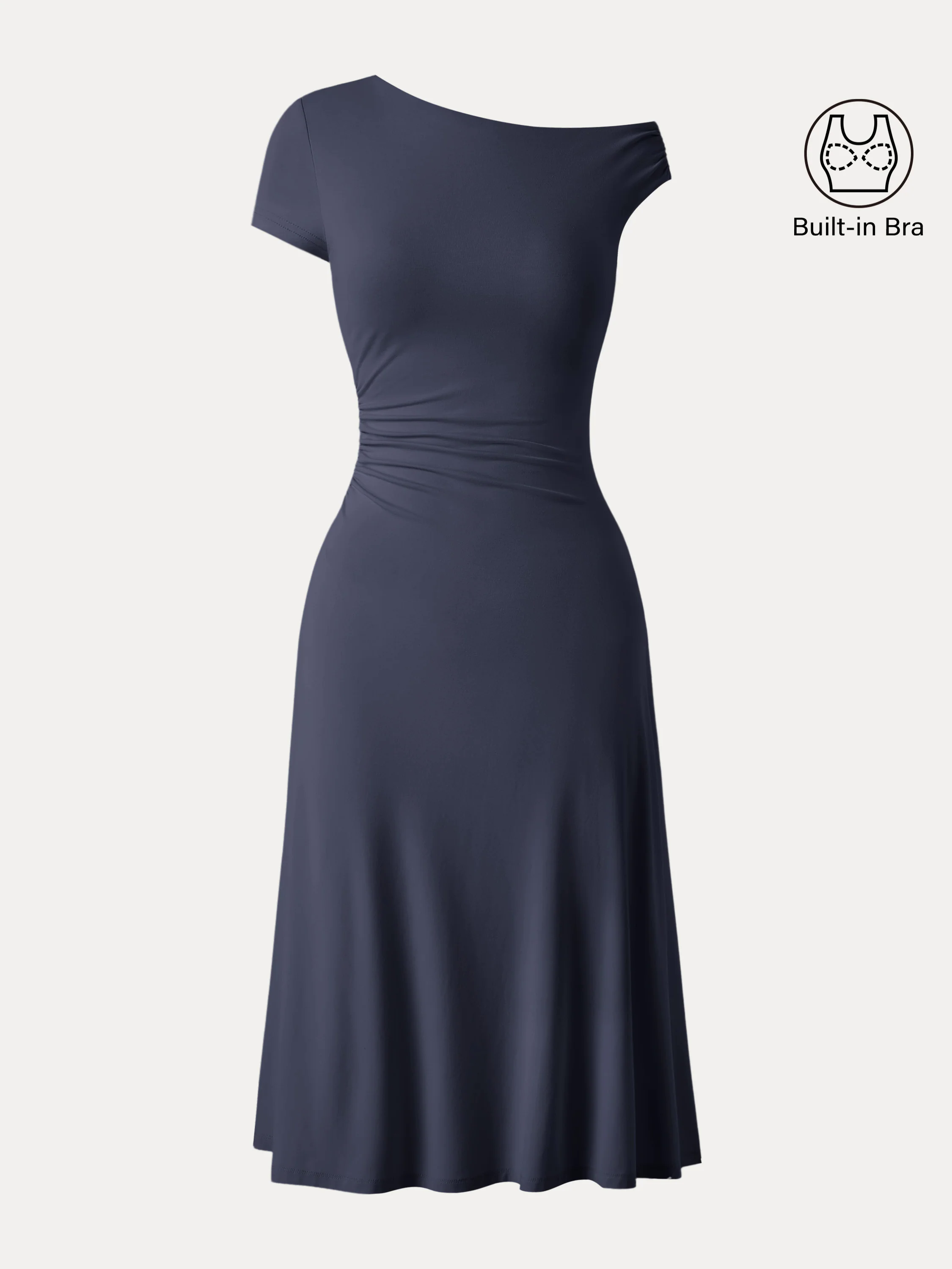 Asymmetrical Shoulder Side Ruched Midi Brami Dress Asymmetrical Shoulder Side Ruched Midi Brami Dress