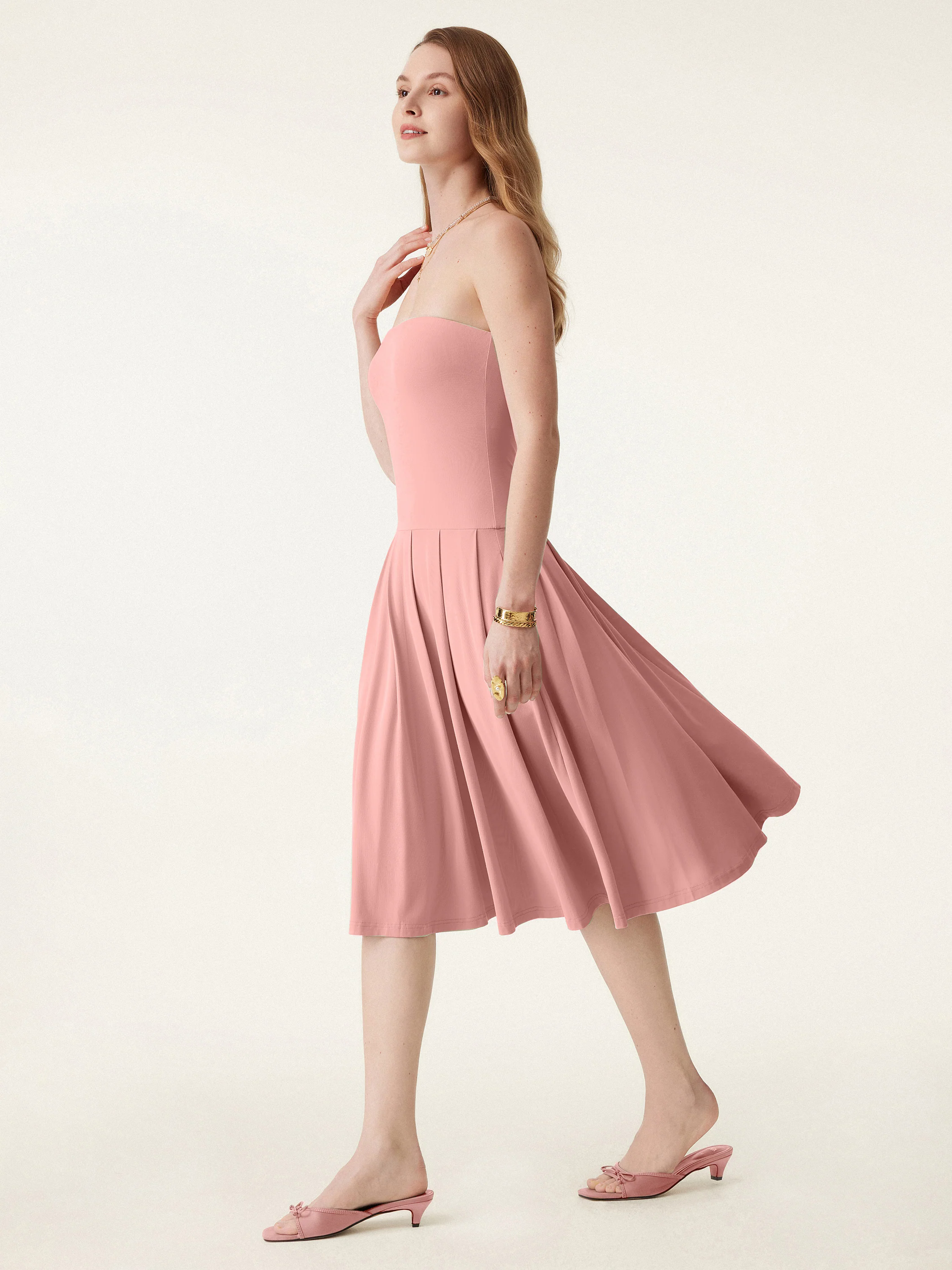 Strapless Pleated Midi Tube Brami Dress with Pockets