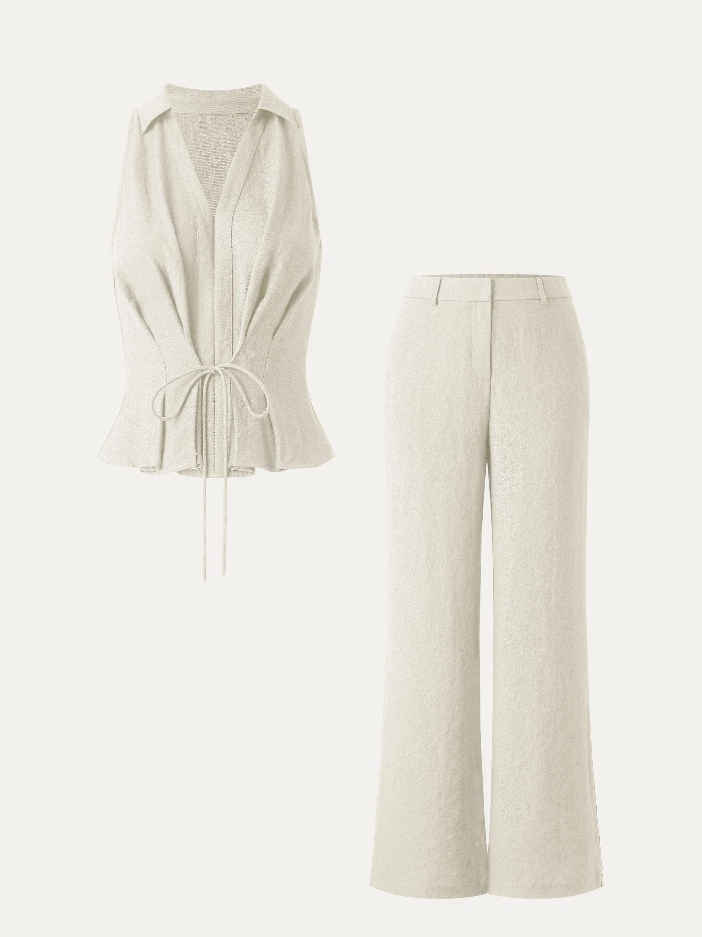 2Pcs Set Collared V-neck Sleeveless Top & Mid Rise Flared Pant with Pockets 2Pcs Set Collared V-neck Sleeveless Top & Mid Rise Flared Pant with Pockets