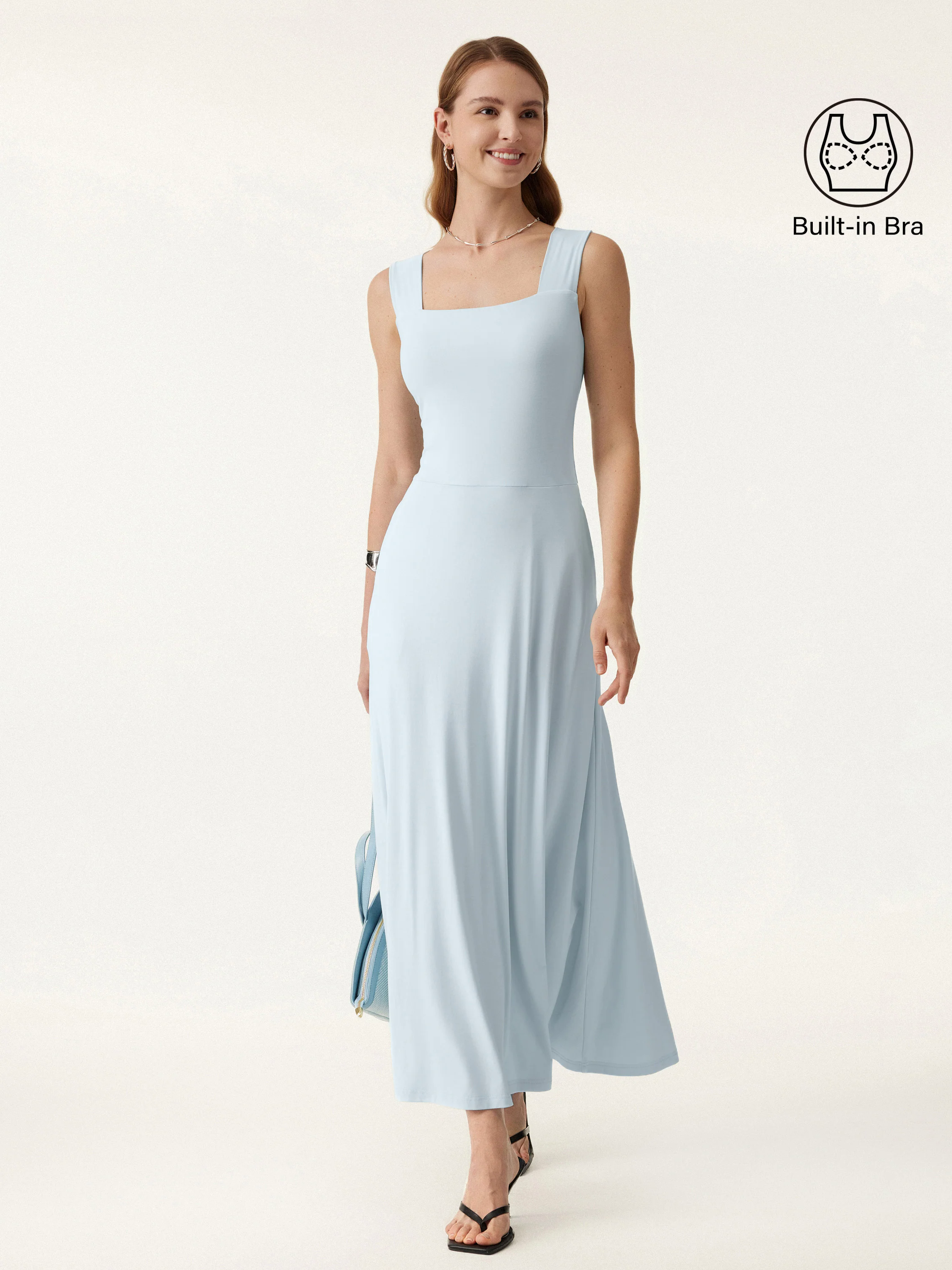 Flowy Square Neck Wide Straps Midi Brami Dress with Pockets Flowy Square Neck Wide Straps Midi Brami Dress with Pockets