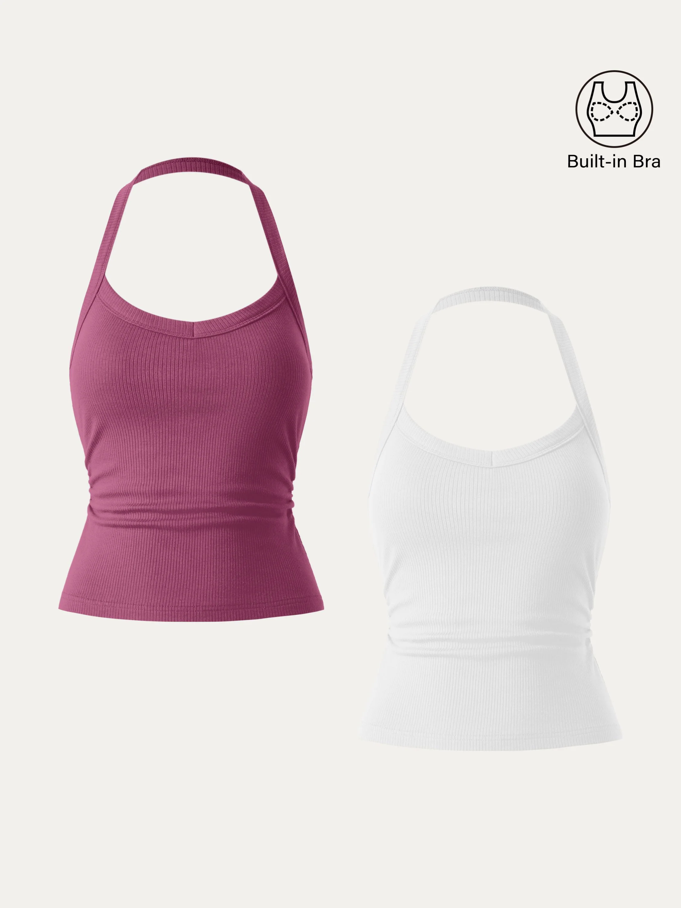 2Pcs Set Halter Neck Side Ruched Ribbed Brami Tank 2Pcs Set Halter Neck Side Ruched Ribbed Brami Tank
