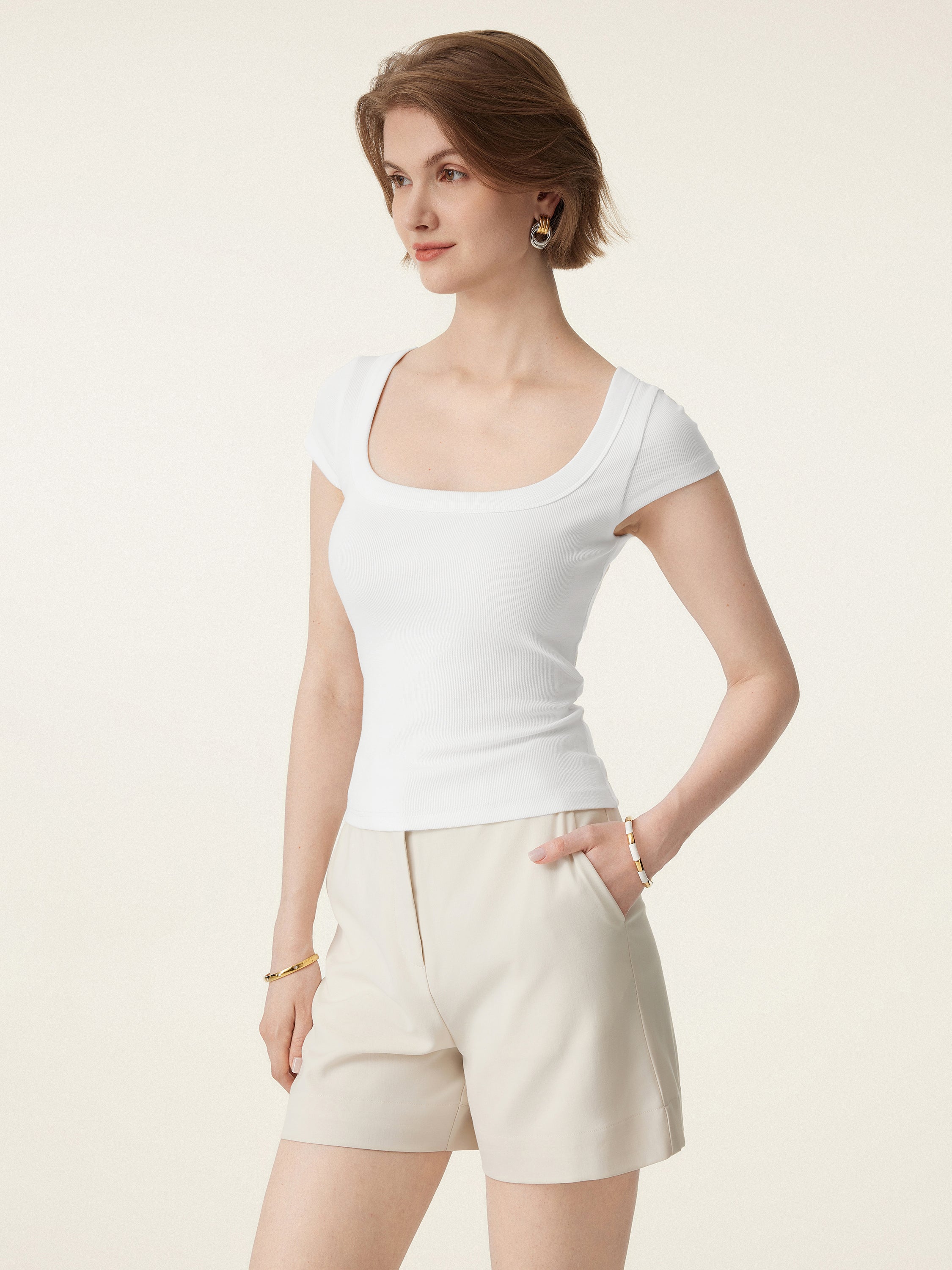 Stretch Cotton Square Neck Cap Sleeve Brami