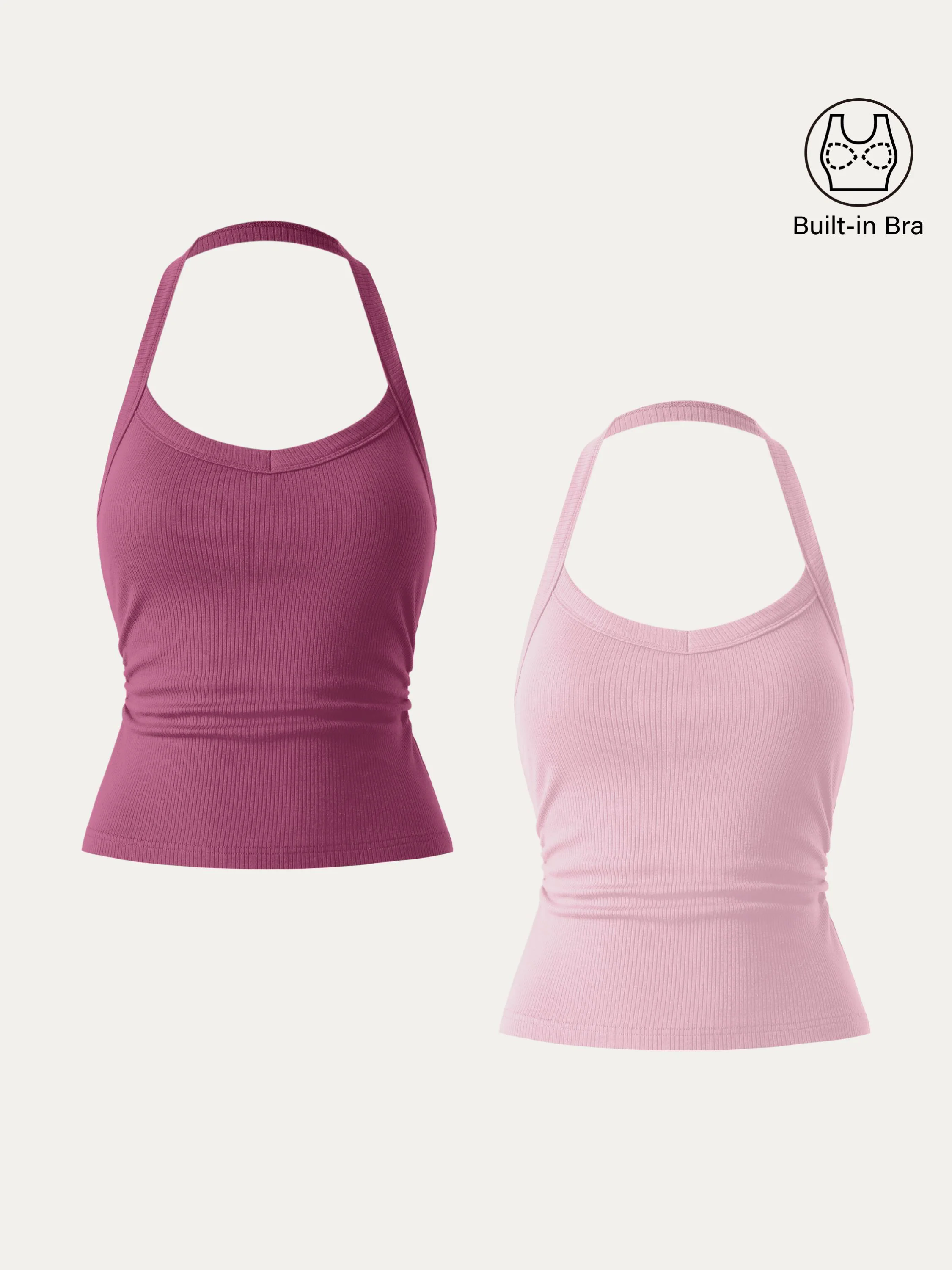 2Pcs Set Halter Neck Side Ruched Ribbed Brami Tank 2Pcs Set Halter Neck Side Ruched Ribbed Brami Tank