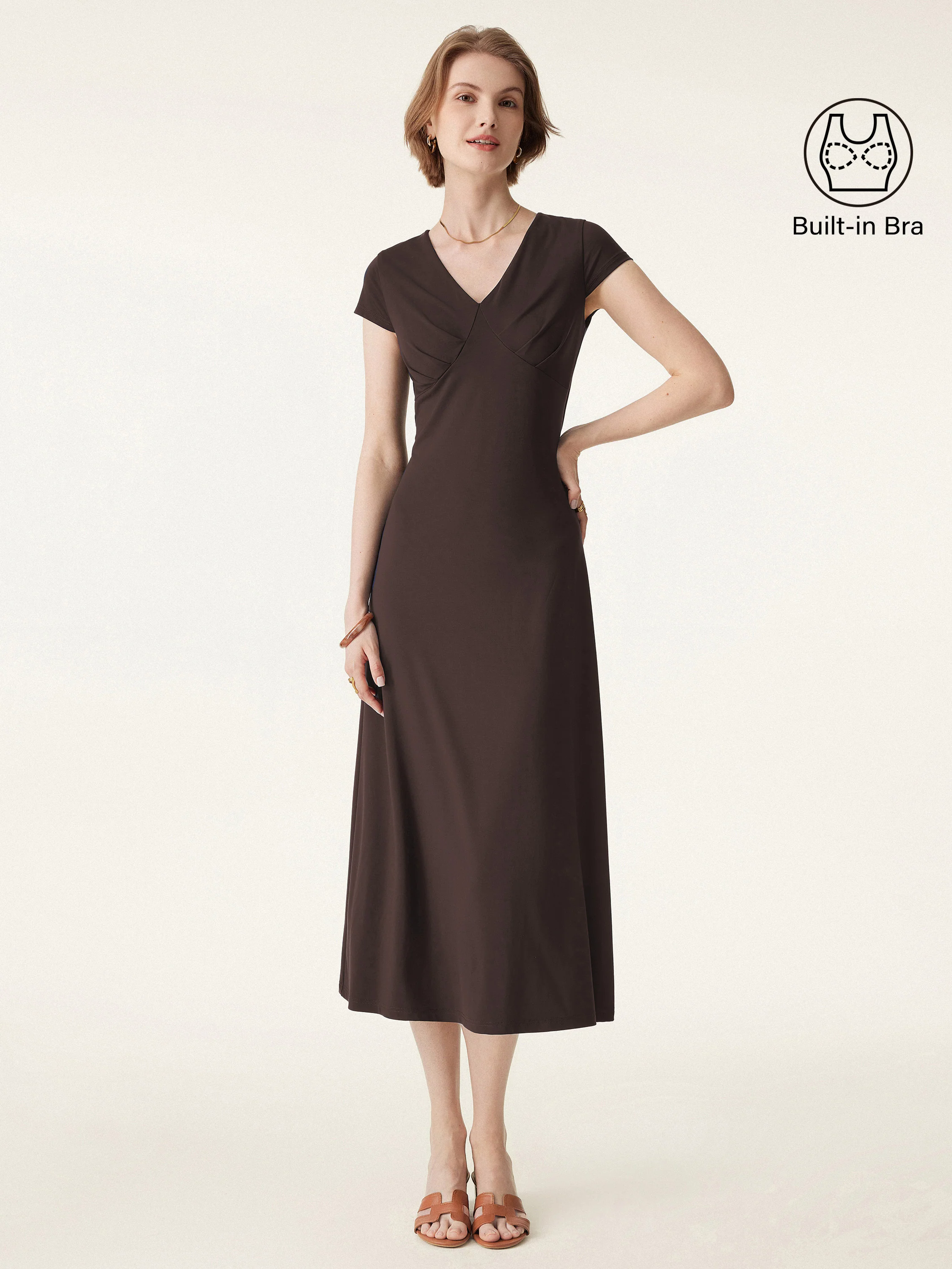 Bamboo Ponte V-neck Short Sleeve Midi Flared Dress