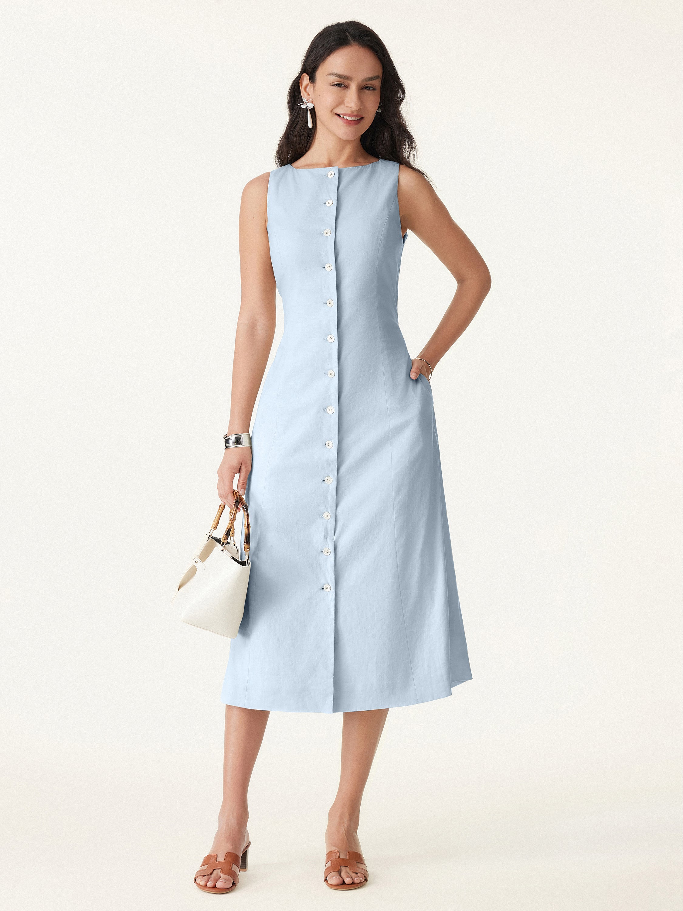 European Linen Waist-cinch Boatneck Button-up Midi Dress with Pockets