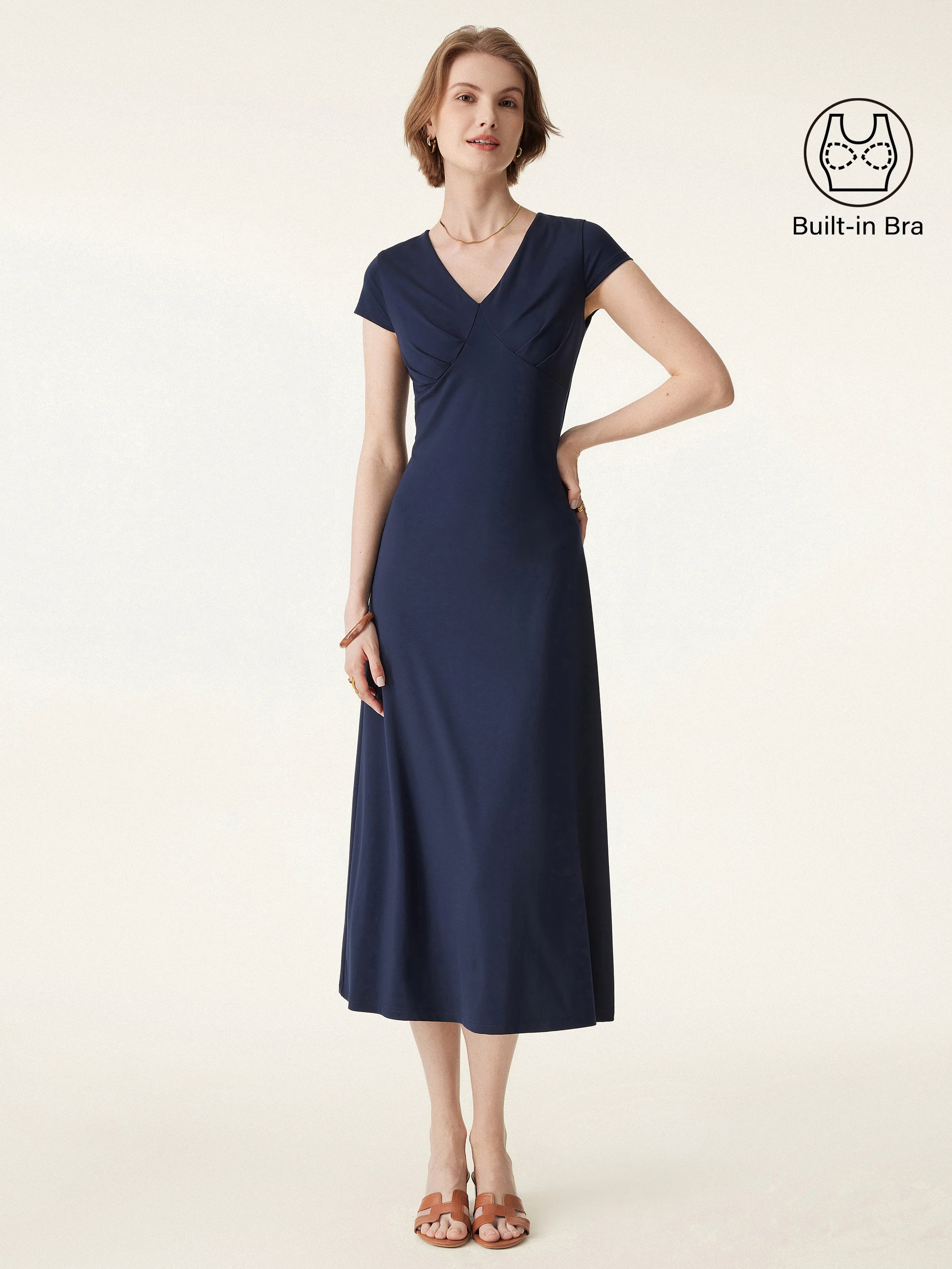 Bamboo Ponte V-neck Short Sleeve Midi Flared Dress Bamboo Ponte V-neck Short Sleeve Midi Flared Dress