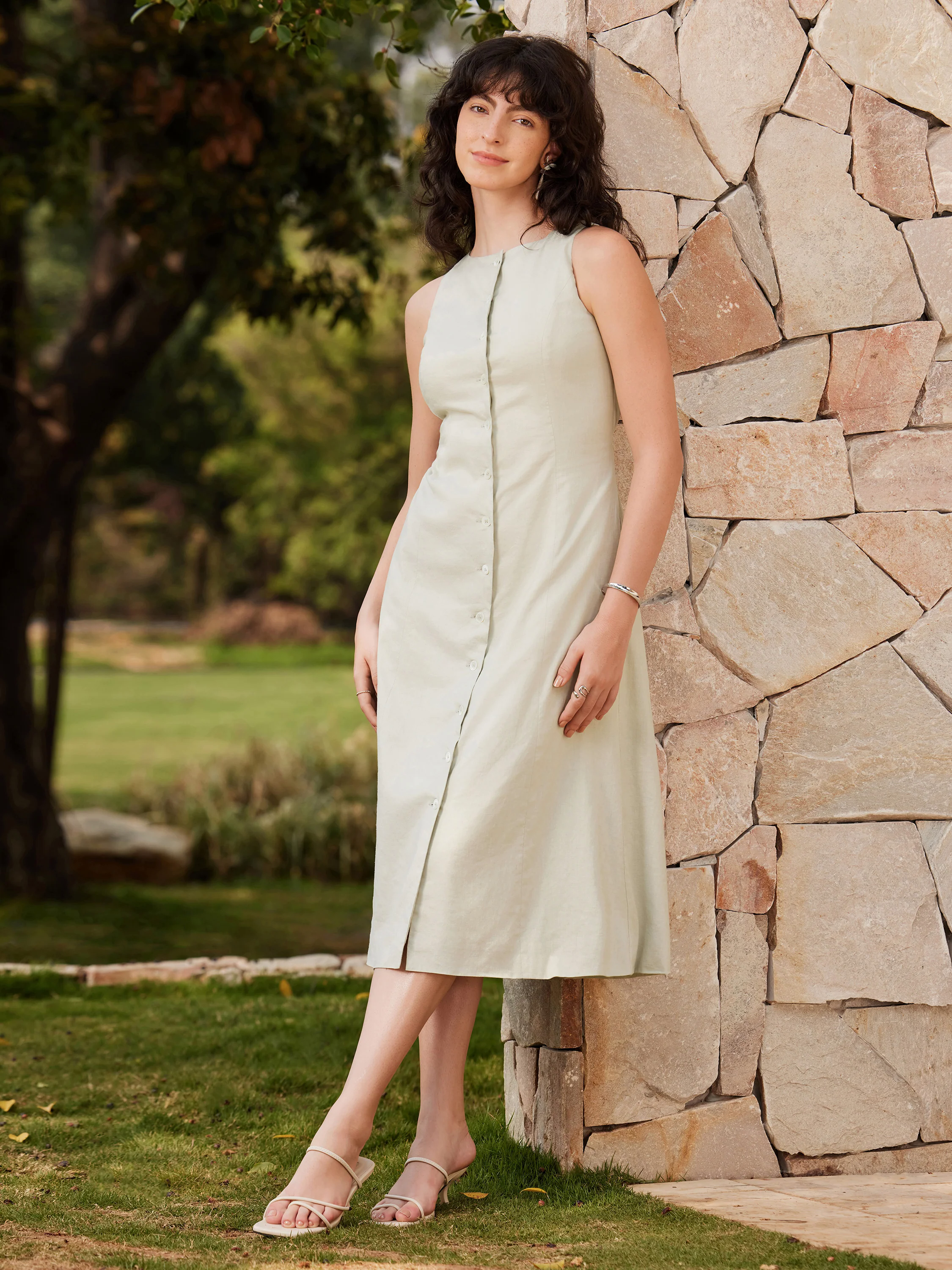 European Linen Waist-cinch Boatneck Button-up Midi Dress with Pockets European Linen Waist-cinch Boatneck Button-up Midi Dress with Pockets
